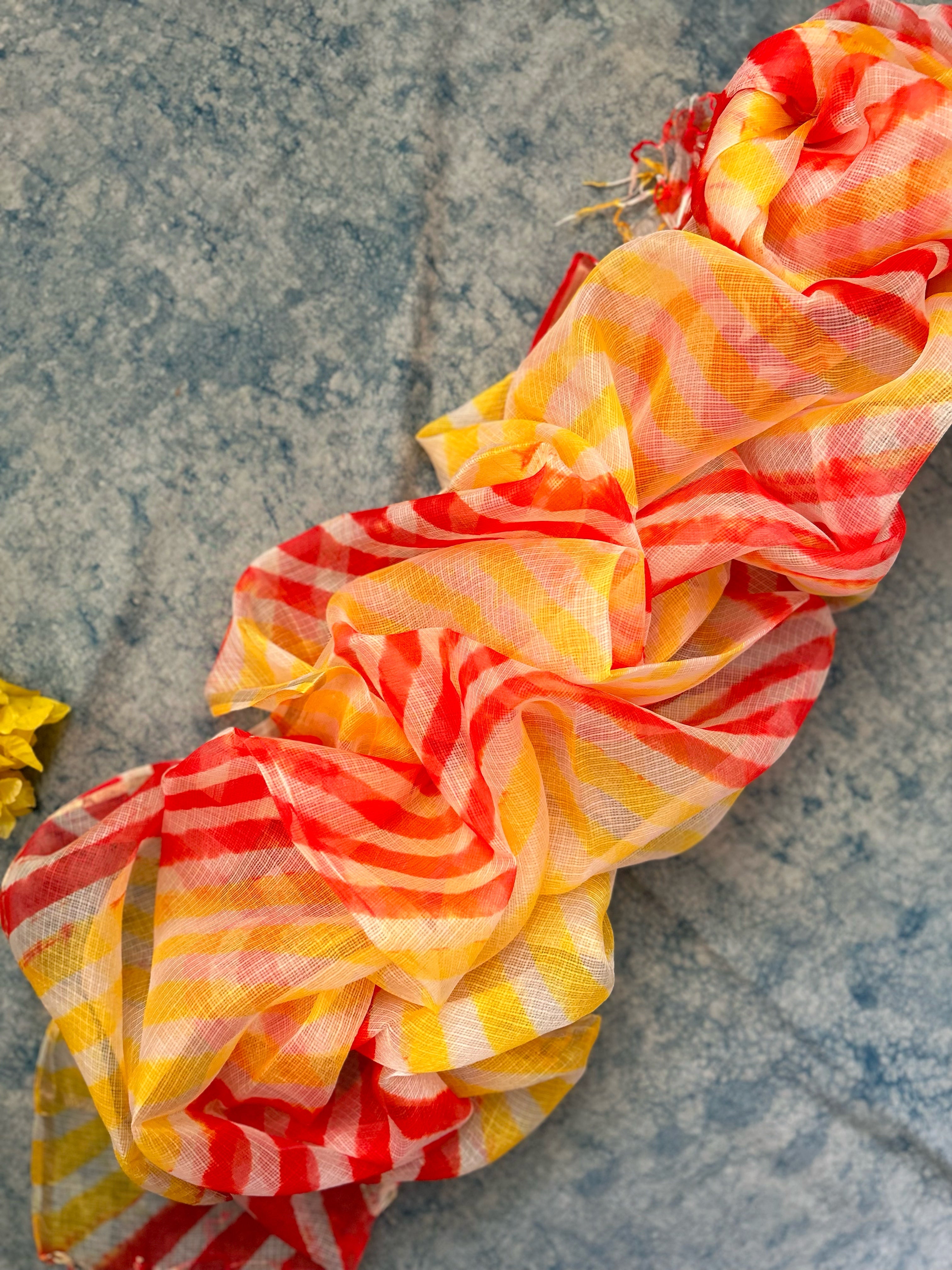 Handcrafted Tie-Dye Silk Kota Doria Dupatta -Yellow, Orange & Red