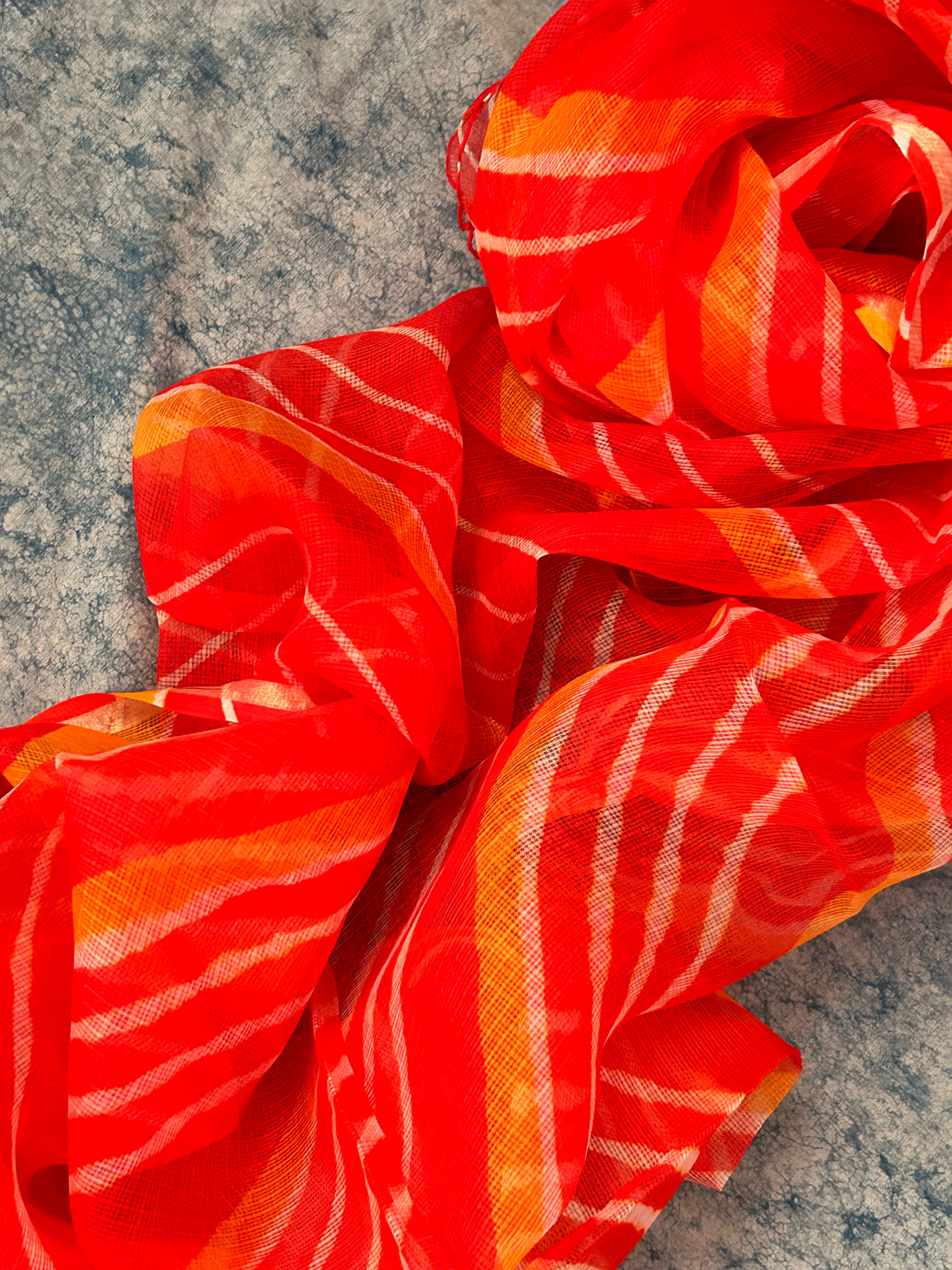 Handcrafted Tie-Dye Silk Kota Doria Dupatta - Orange & Haldi Yellow