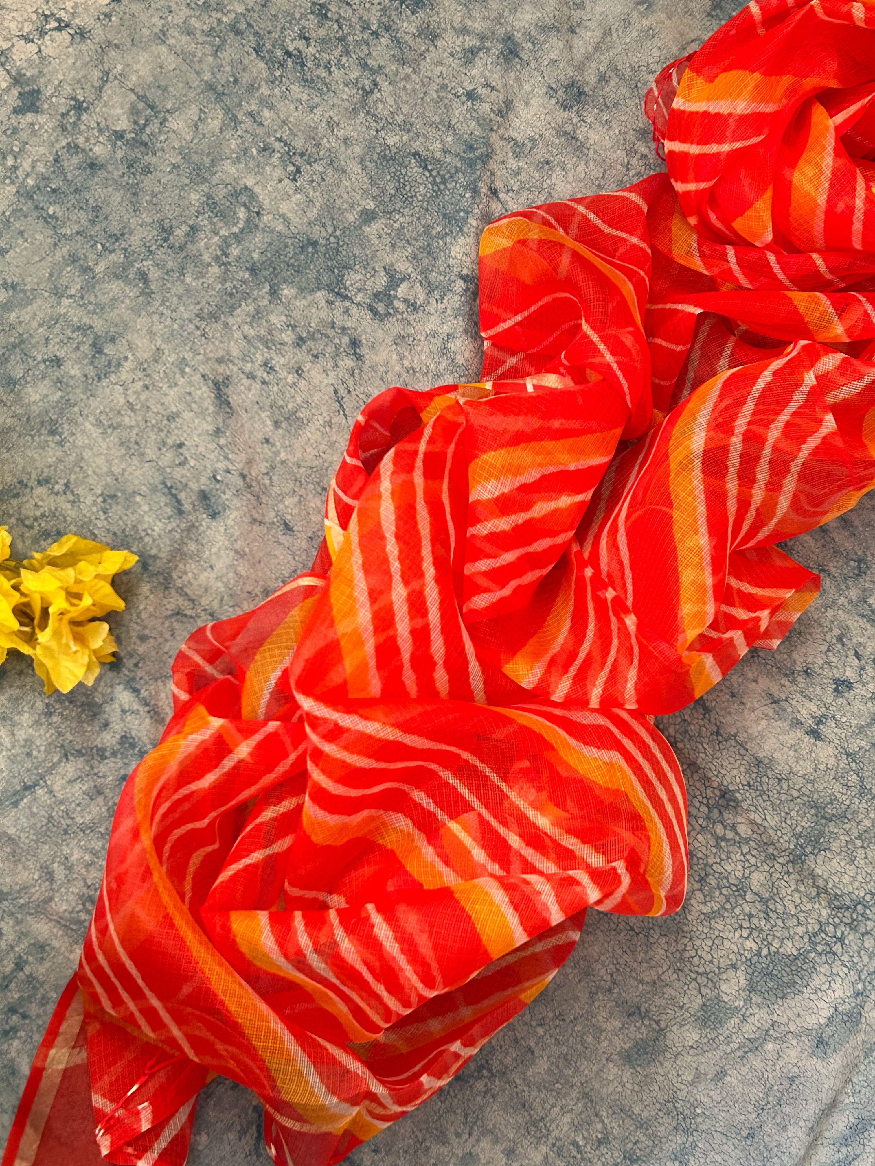 Handcrafted Tie-Dye Silk Kota Doria Dupatta - Orange & Haldi Yellow