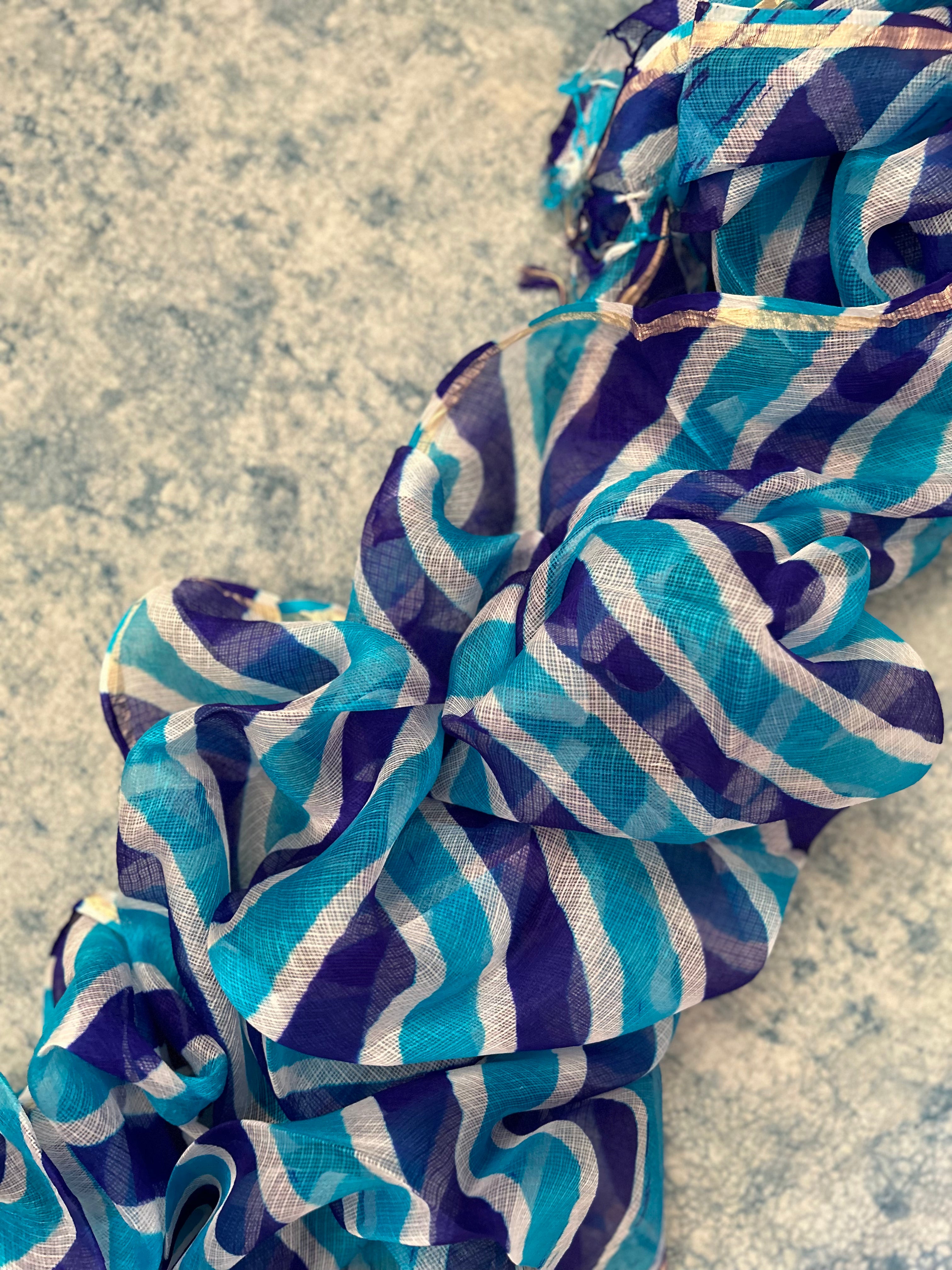 Handcrafted Tie-Dye Silk Kota Doria Dupatta - Blue