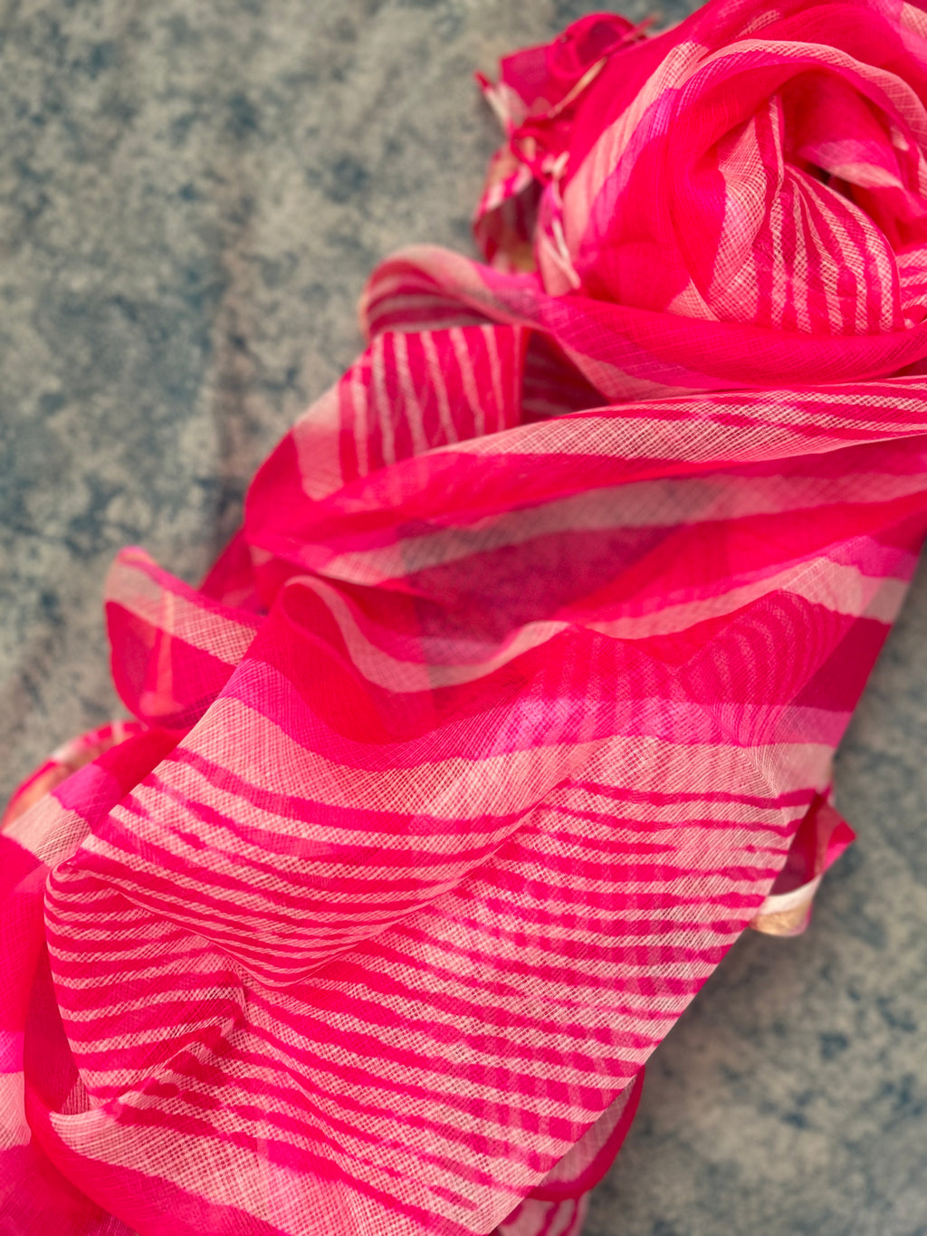 Handcrafted Tie-Dye Silk Kota Doria Dupatta - Fuschia Pink