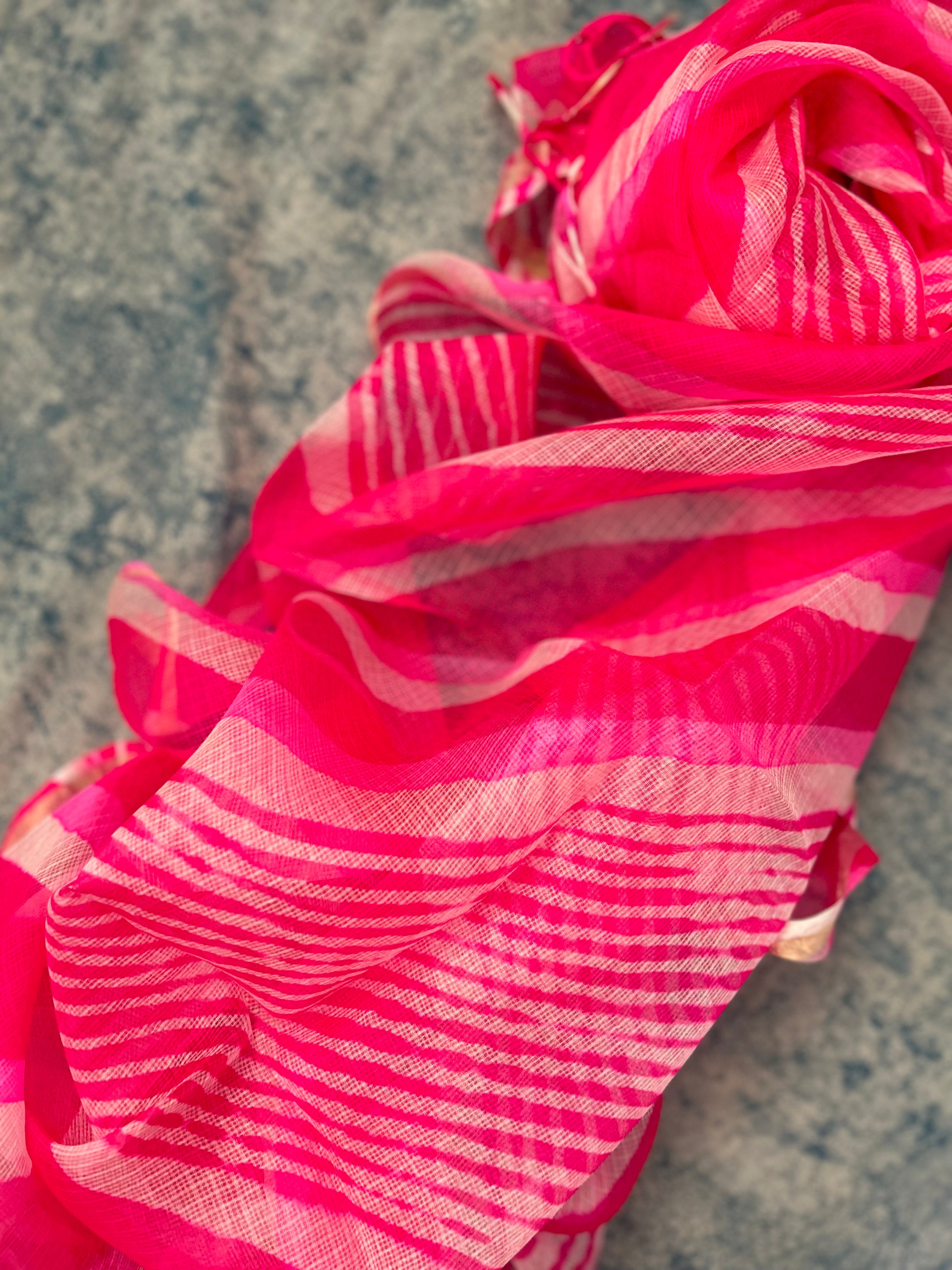 Handcrafted Tie-Dye Silk Kota Doria Dupatta - Fuschia Pink