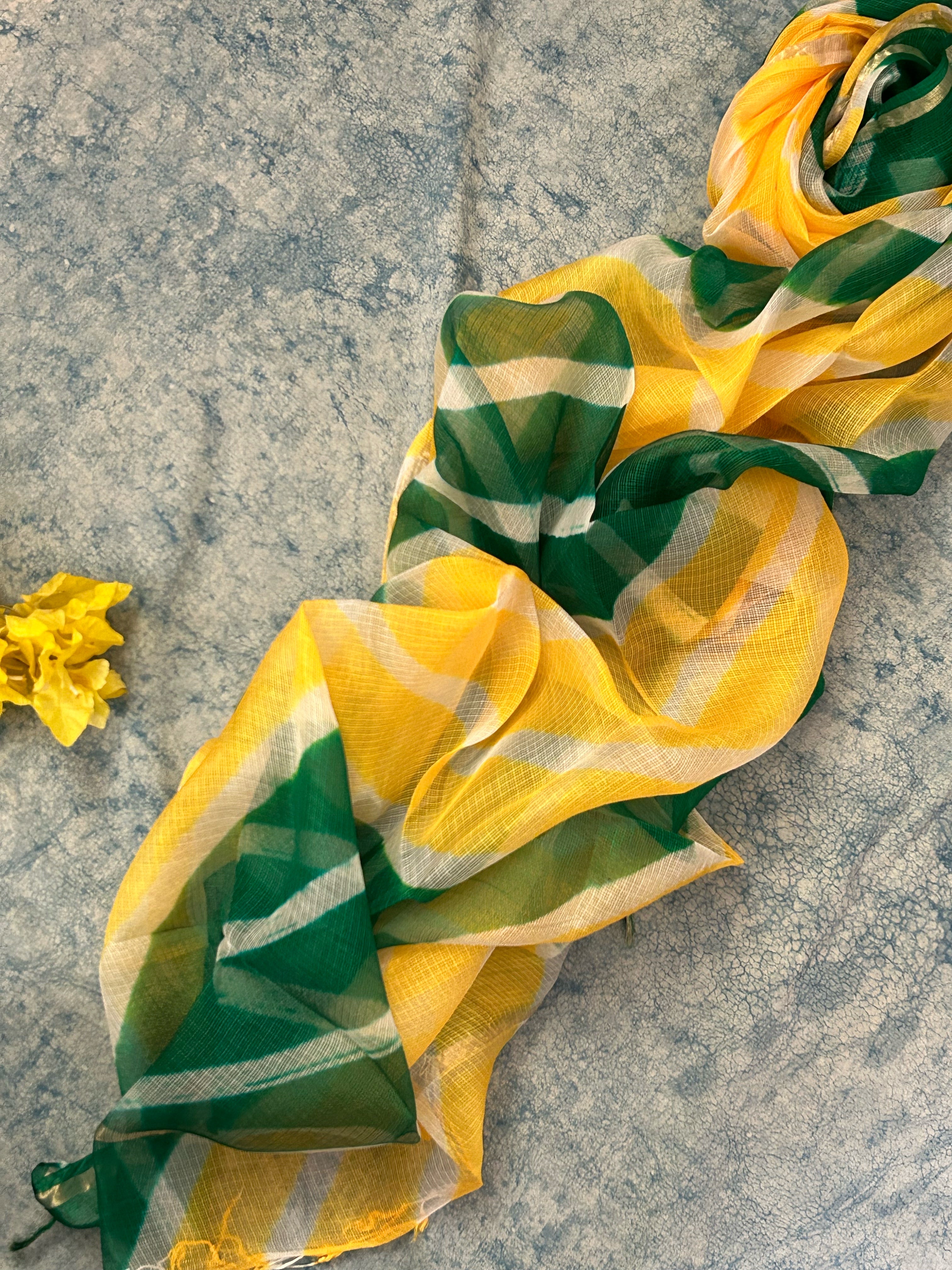 Handcrafted Tie-Dye Silk Kota Doria Dupatta -Yellow & Green