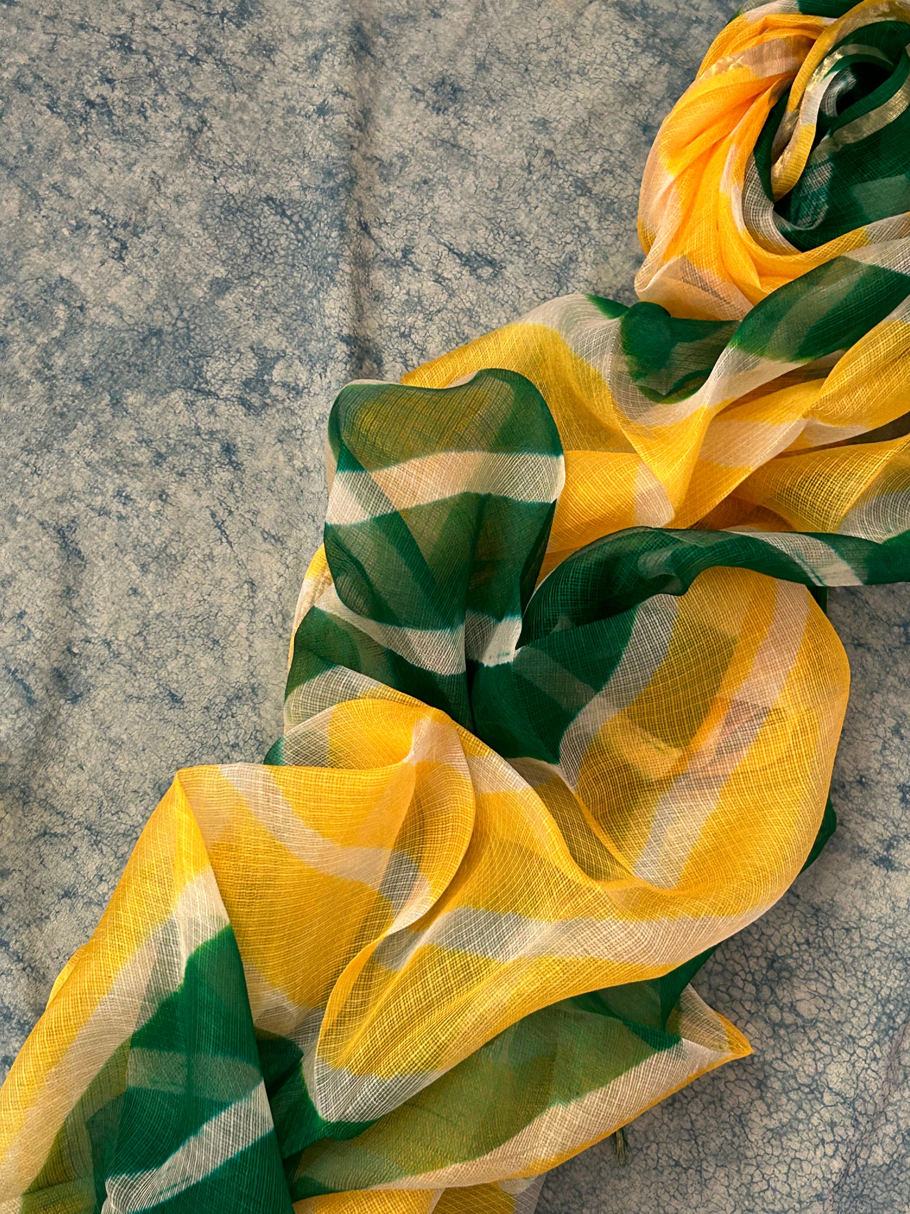 Handcrafted Tie-Dye Silk Kota Doria Dupatta -Yellow & Green