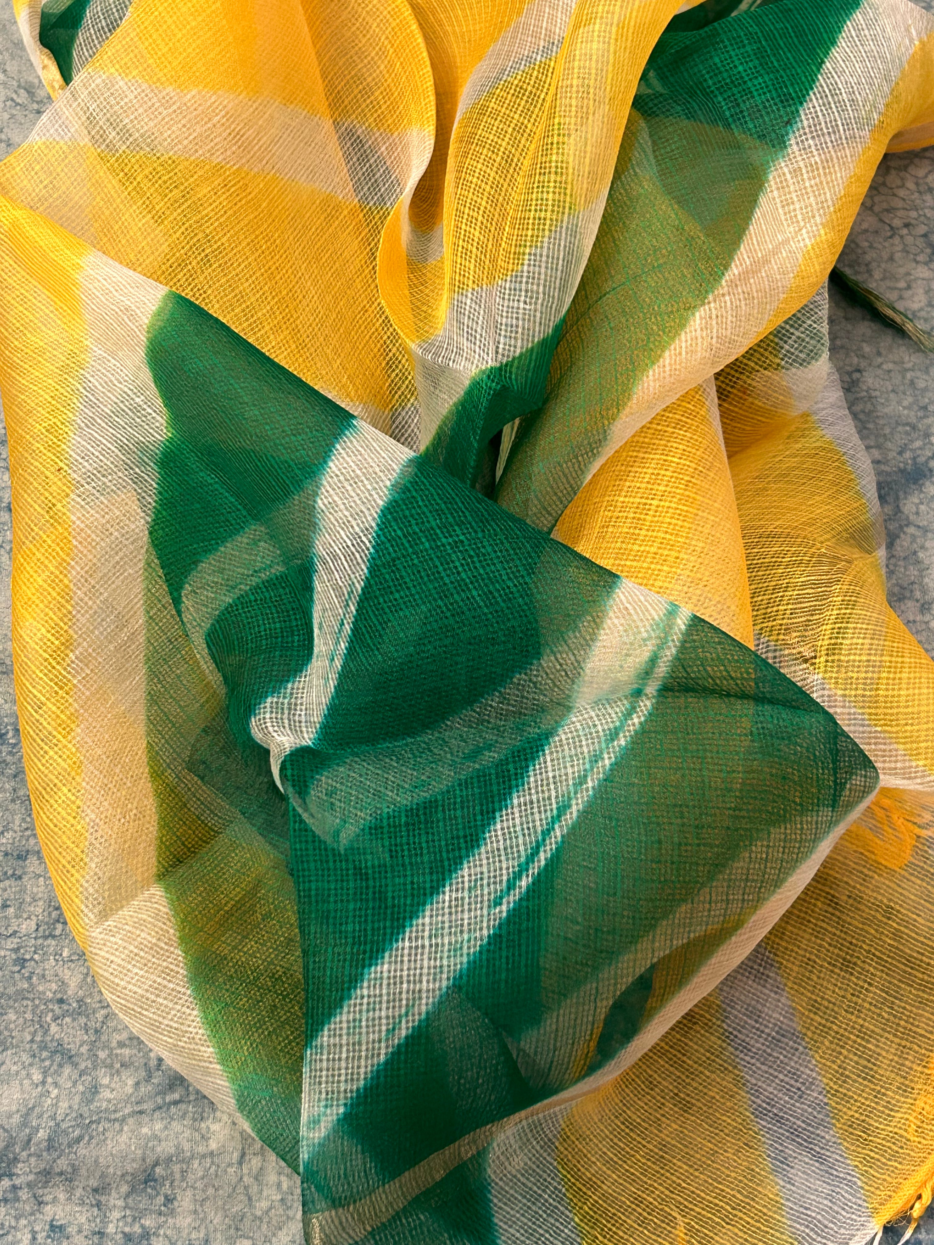 Handcrafted Tie-Dye Silk Kota Doria Dupatta -Yellow & Green
