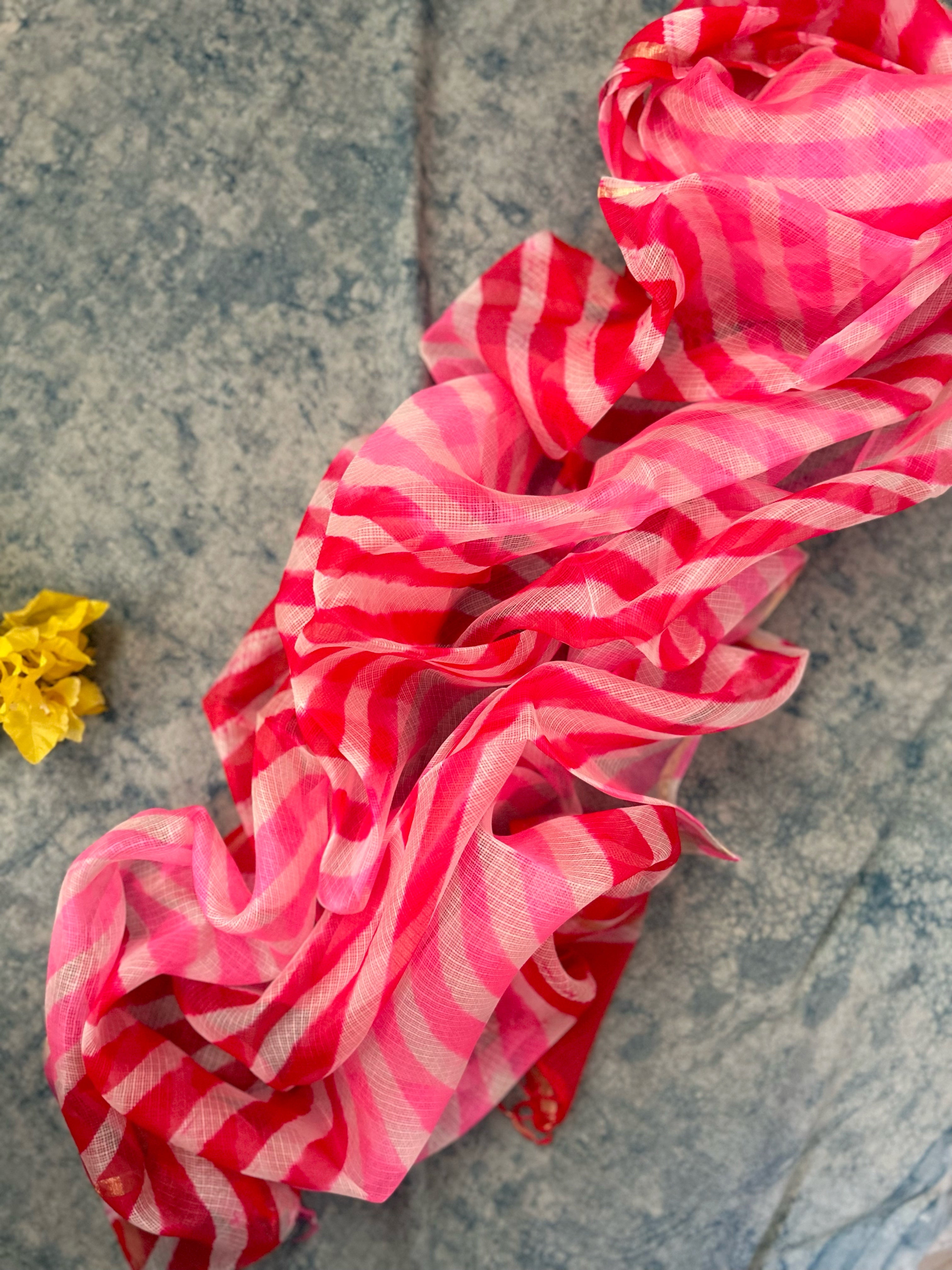 Handcrafted Tie-Dye Silk Kota Doria Dupatta - Candy Floss Pink
