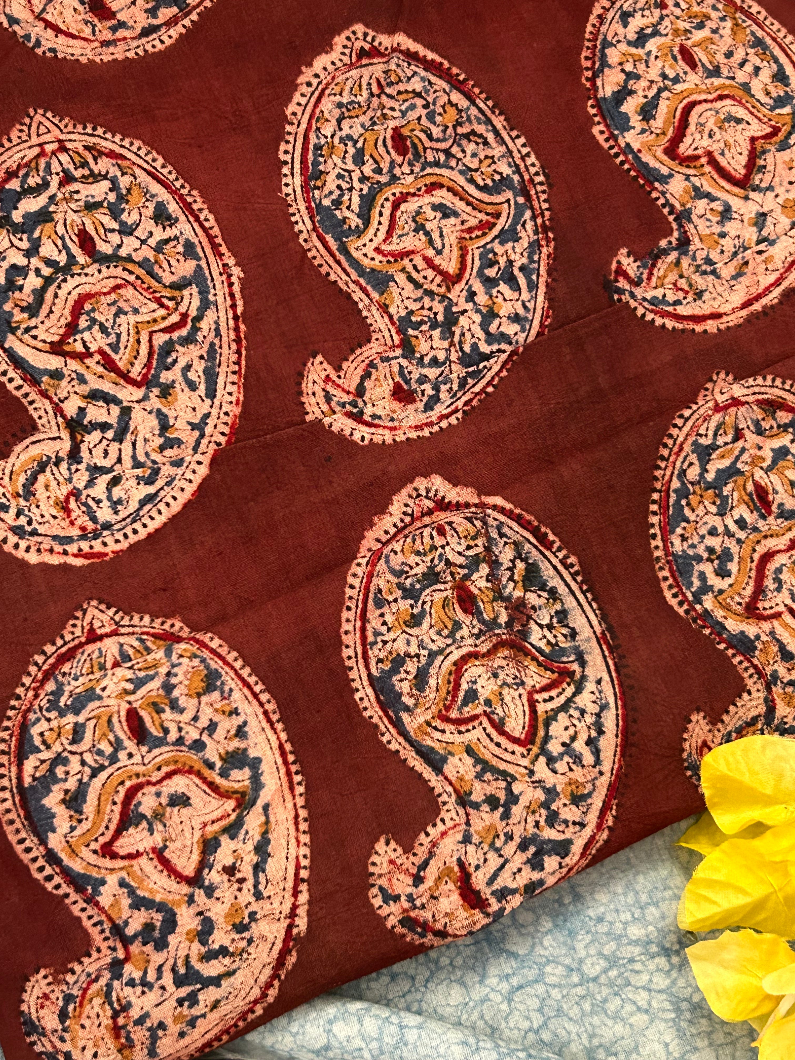 Pedana Hand Block Printed Kalamkari Natural Dyed Cotton Fabric Kurta - Rust Maroon