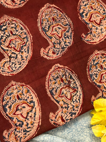 Pedana Hand Block Printed Kalamkari Natural Dyed Cotton Fabric Kurta - Rust Maroon