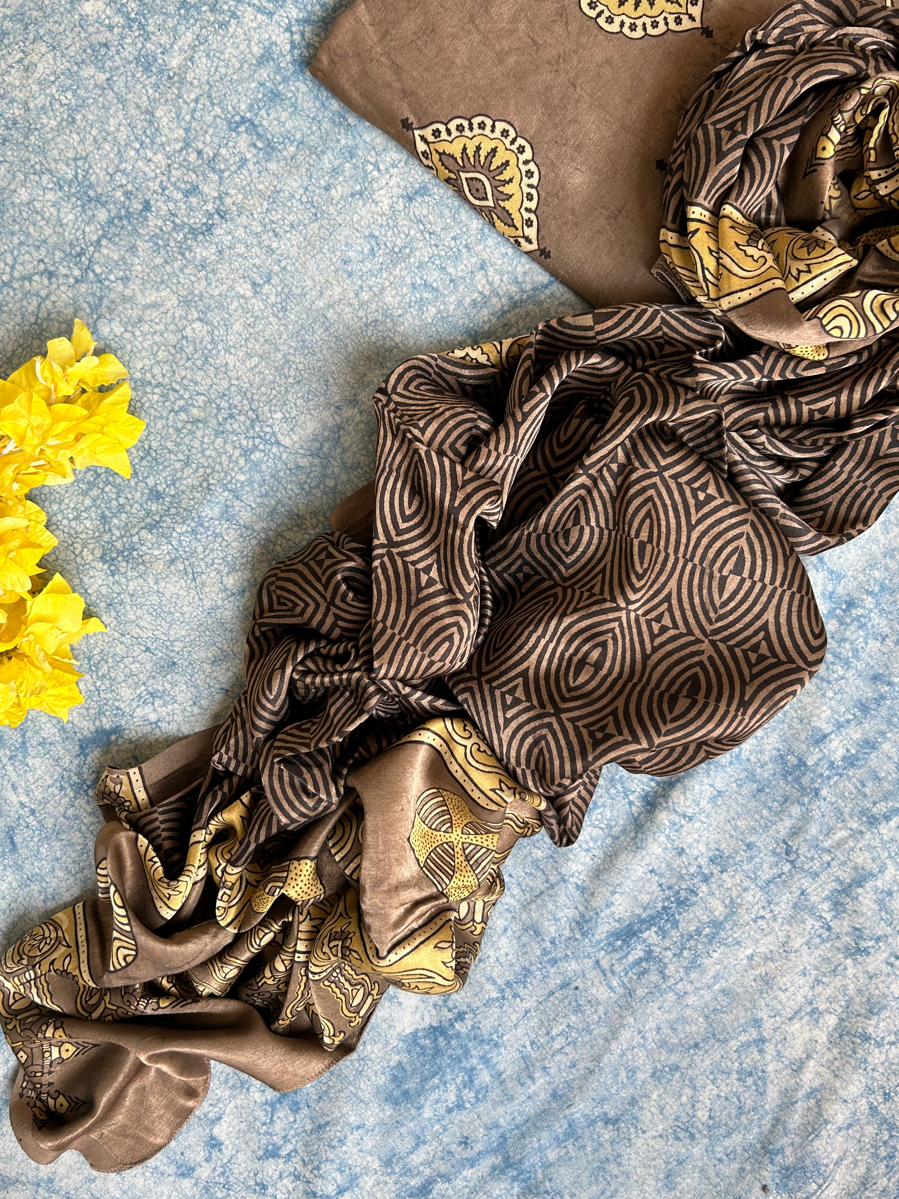 Hand Block Natural Dyes Ajrakh Mashru Silk Kurta Dupatta Set
