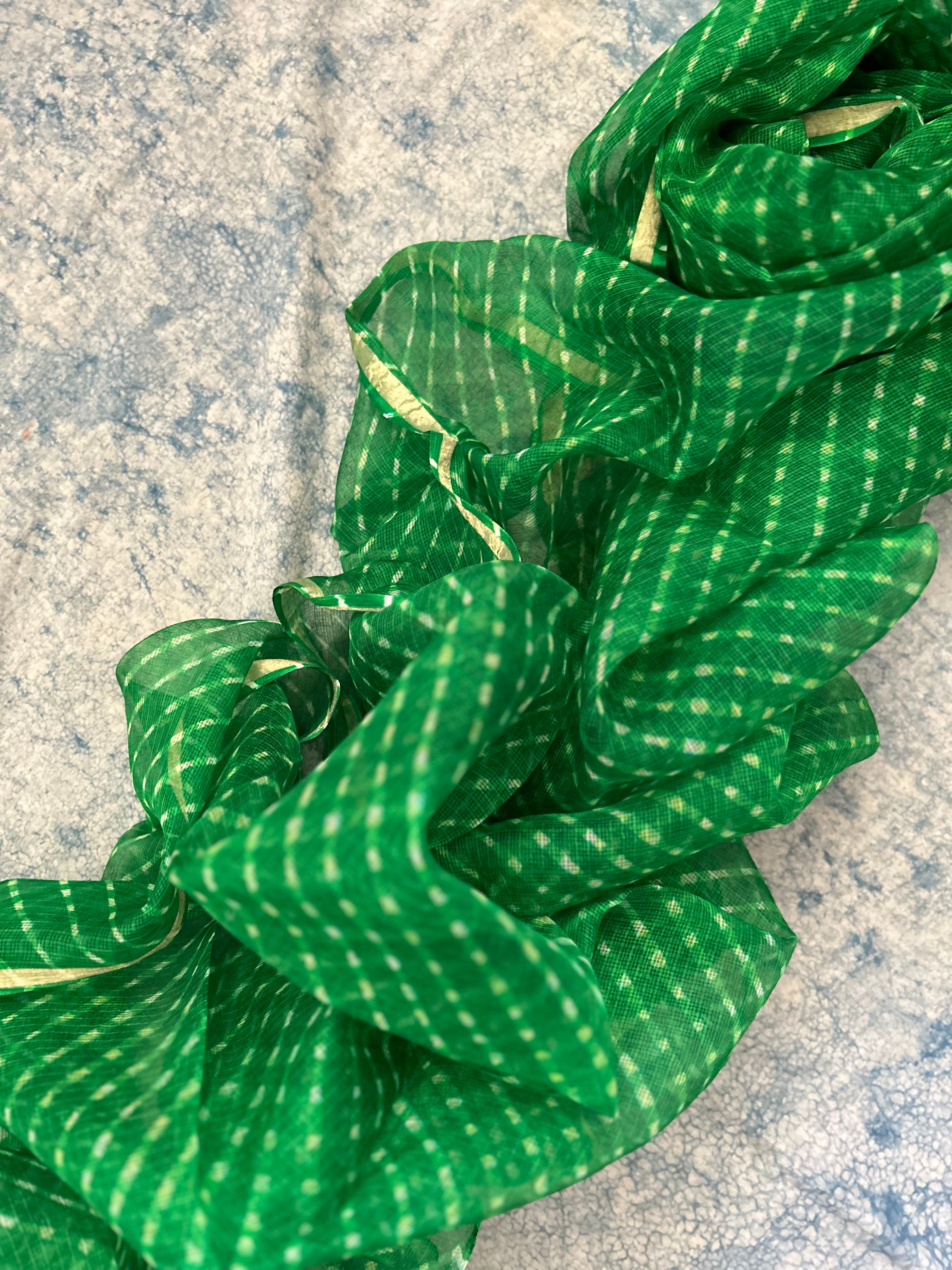 Handcrafted Tie-Dye Silk Kota Doria Dupatta -Green