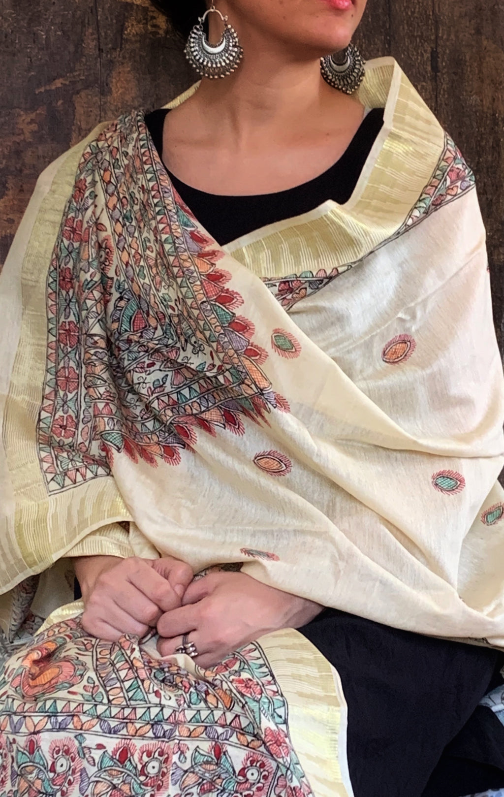 Madhubani Handpainted Cotton Silk Dupatta