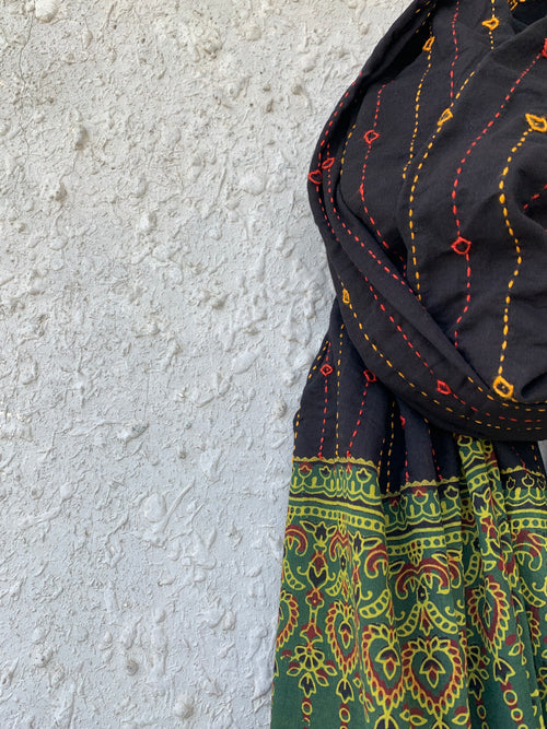 Hand embroidered Ajrakh Dupatta