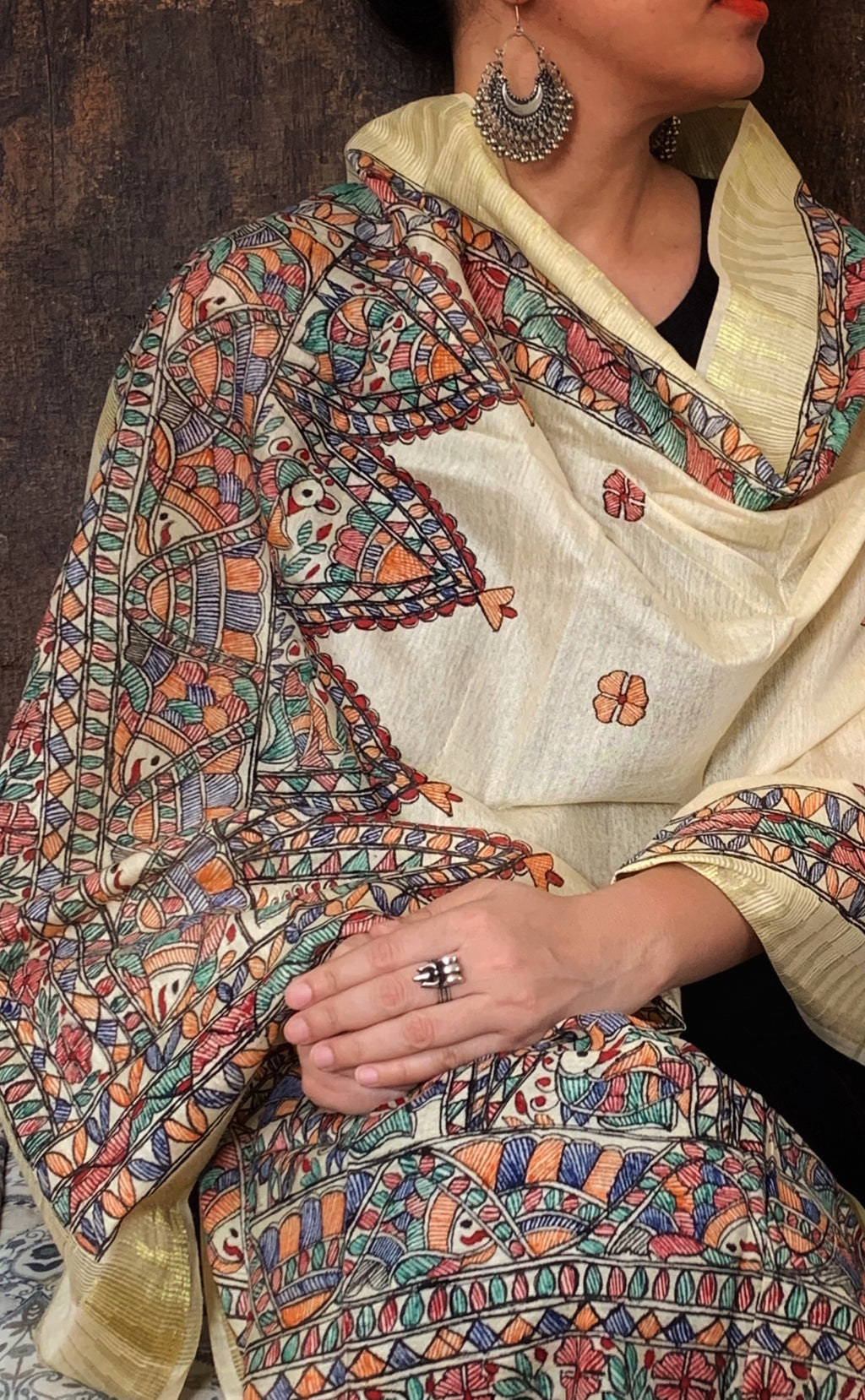 Madhubani Handpainted Cotton Silk Dupatta