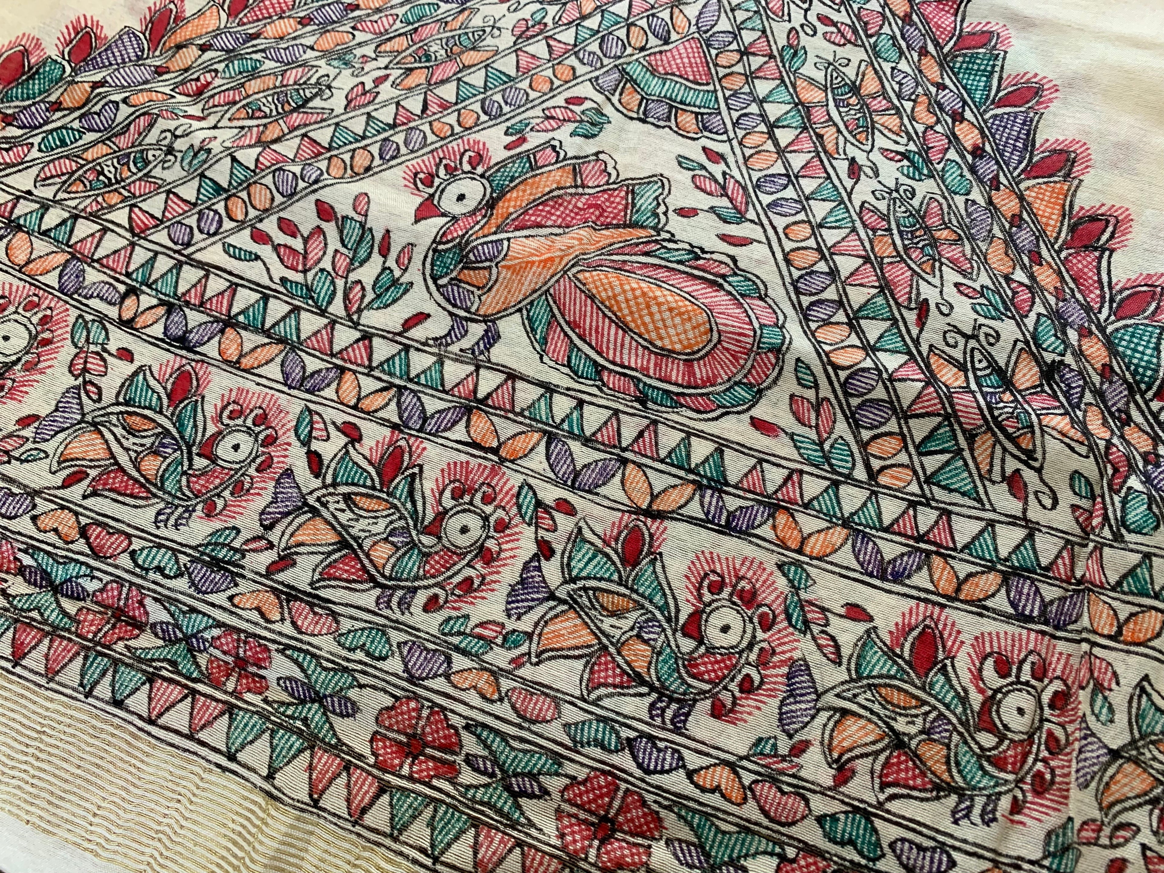 Madhubani Handpainted Cotton Silk Dupatta