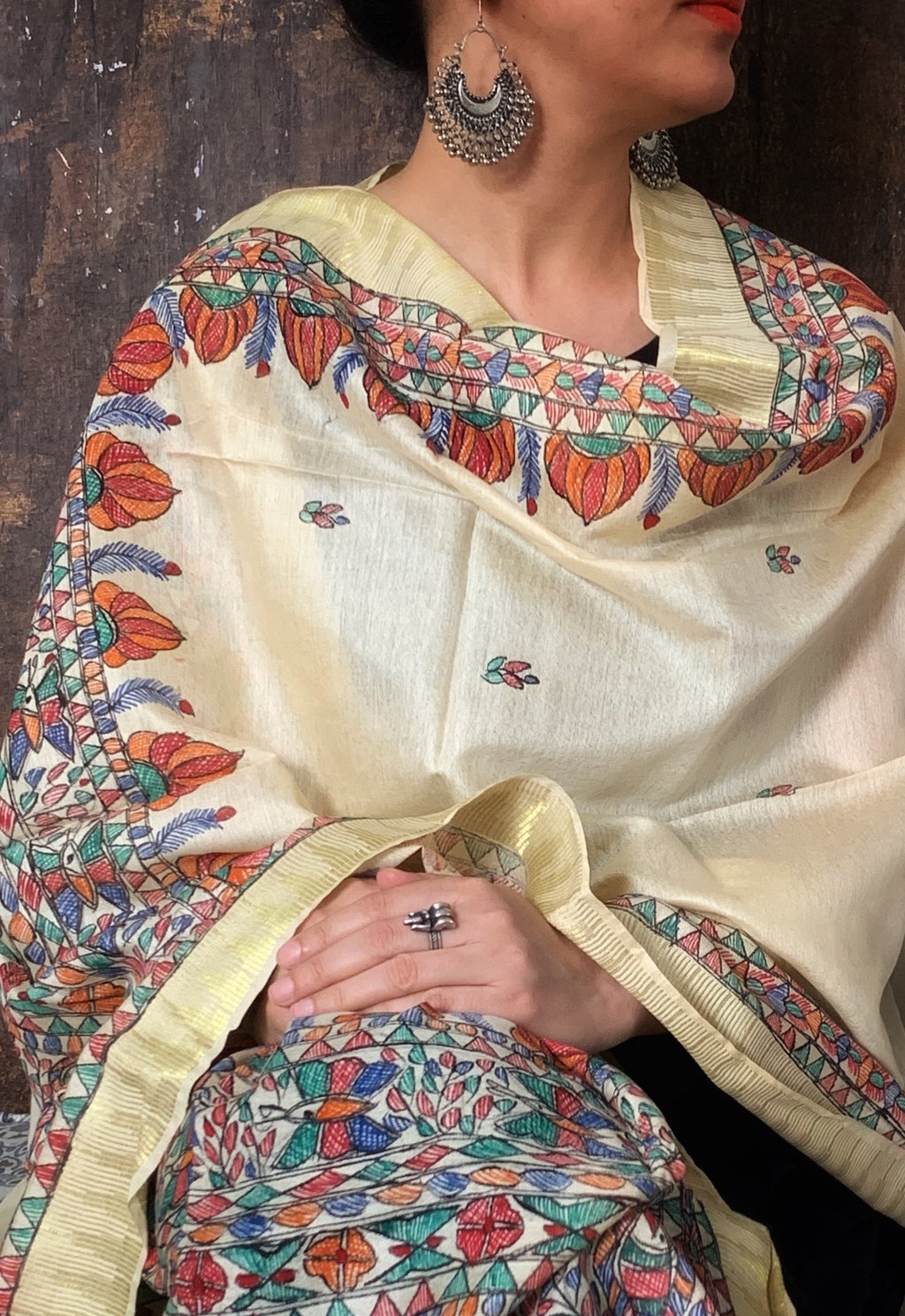 Madhubani Handpainted Cotton Silk Dupatta