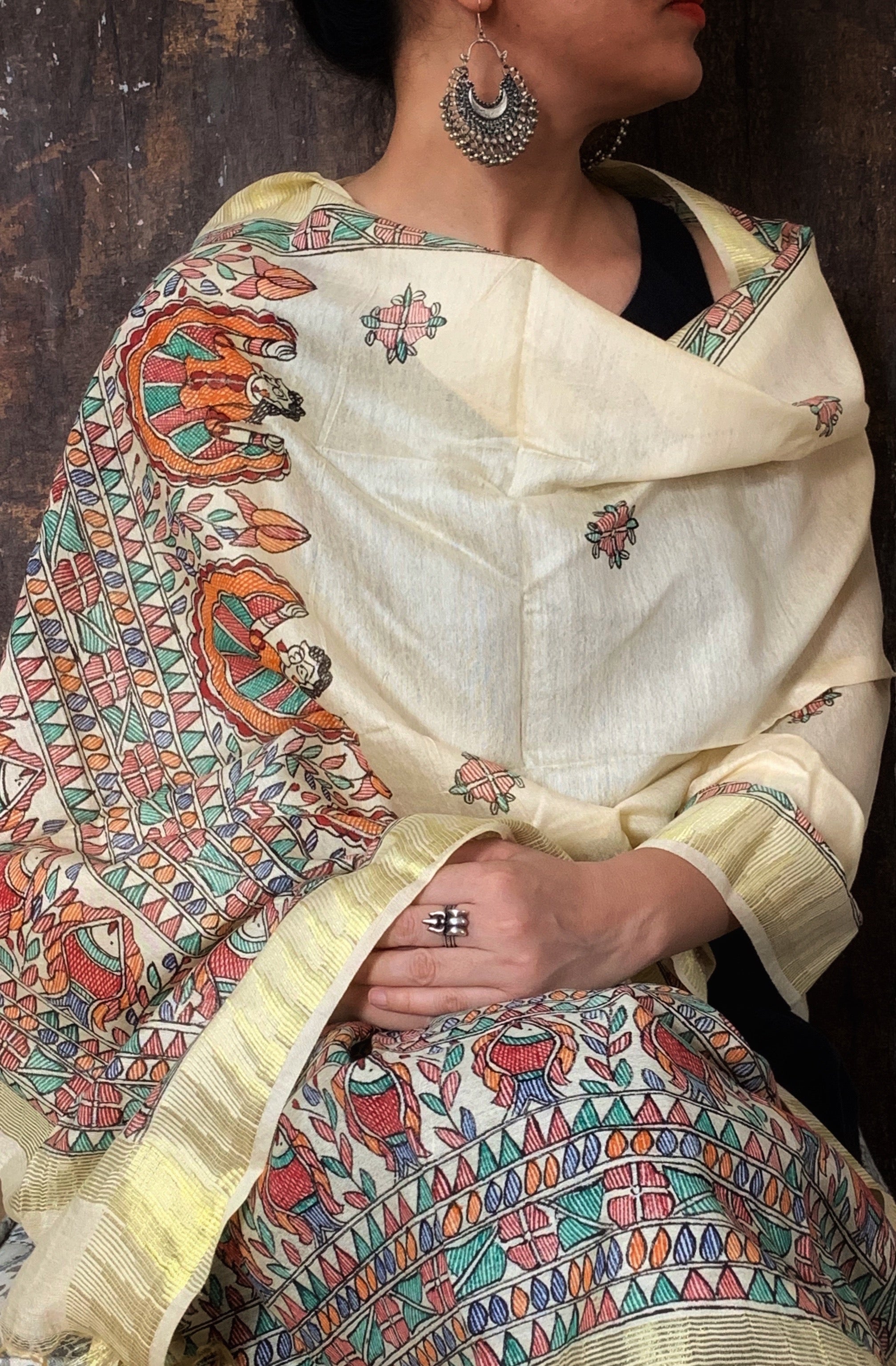 Madhubani Handpainted Cotton Silk Dupatta