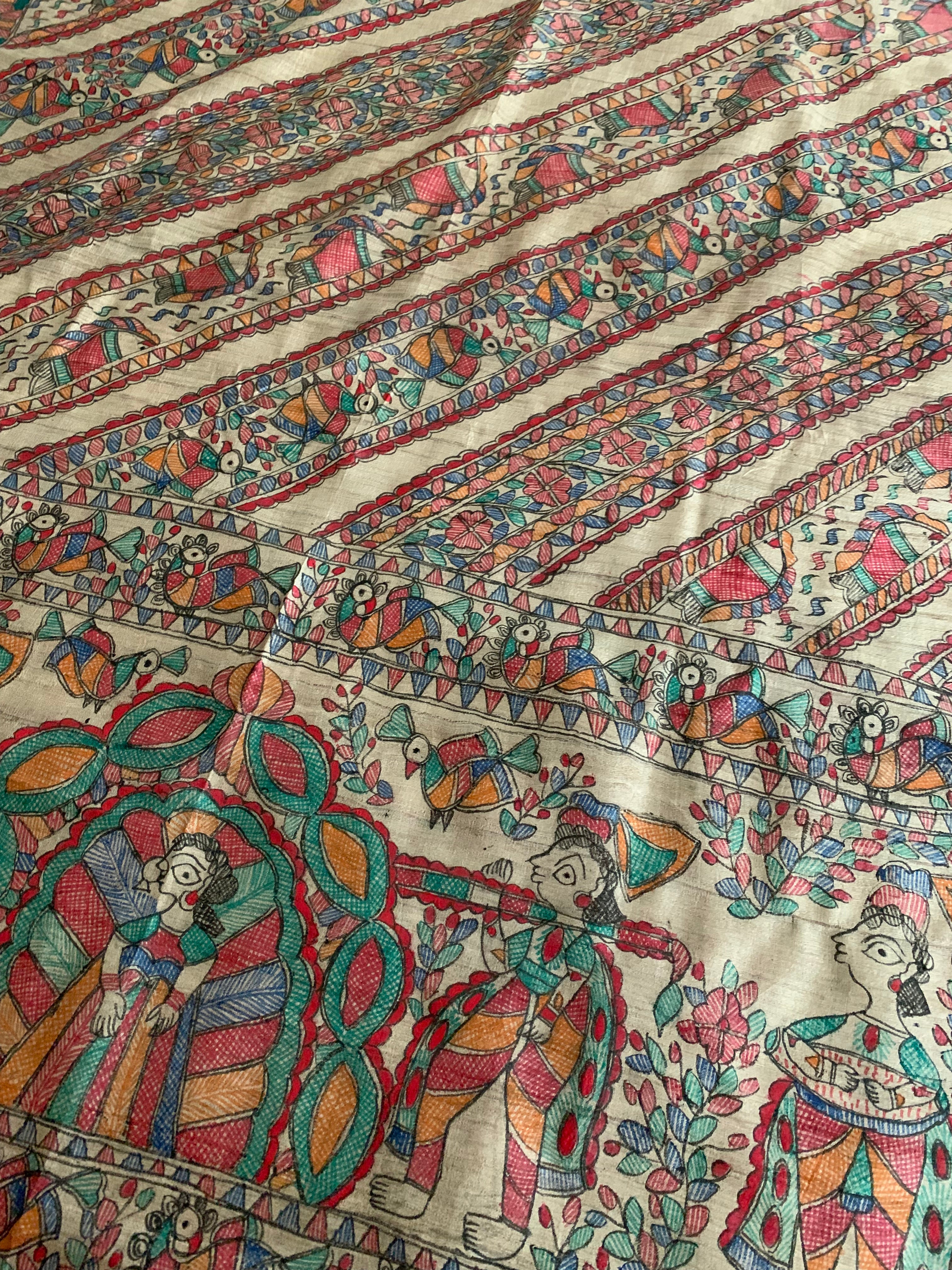 Madhubani Handpainted Tussar Silk Dupatta