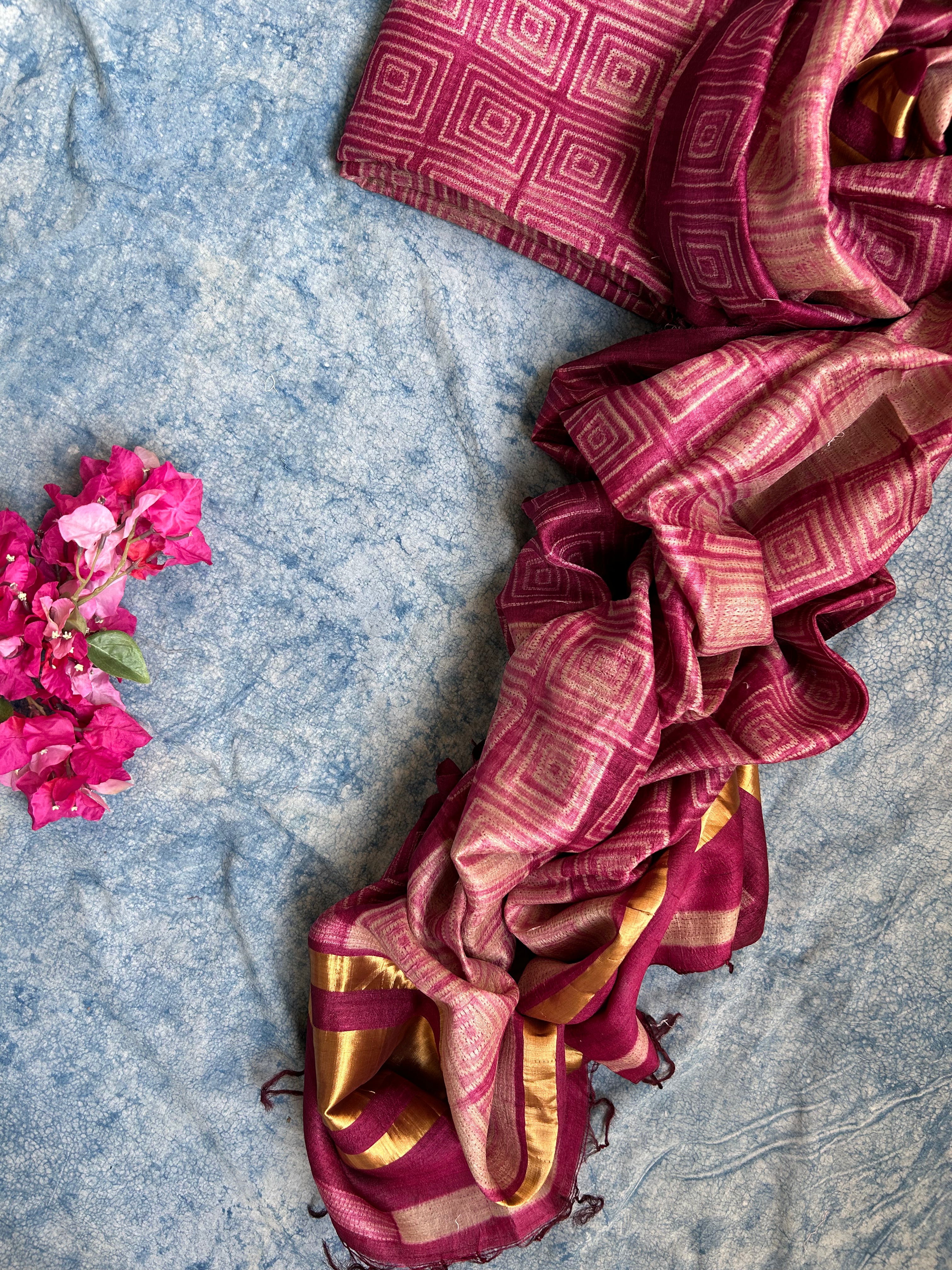 Handwoven & Handmade Tussar Shibori Kurta Dupatta Set