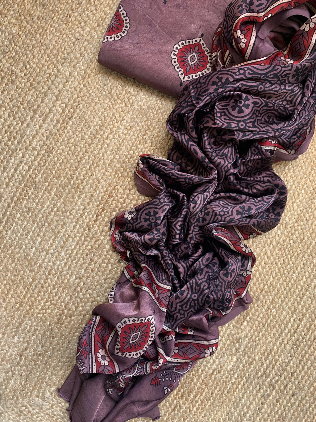 Hand Block Natural Dyes Ajrakh Mashru Silk Kurta Dupatta Set