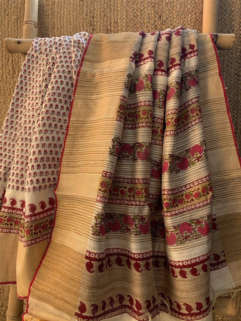 Handwoven & Handblock Printed Tussar Dupion Saree