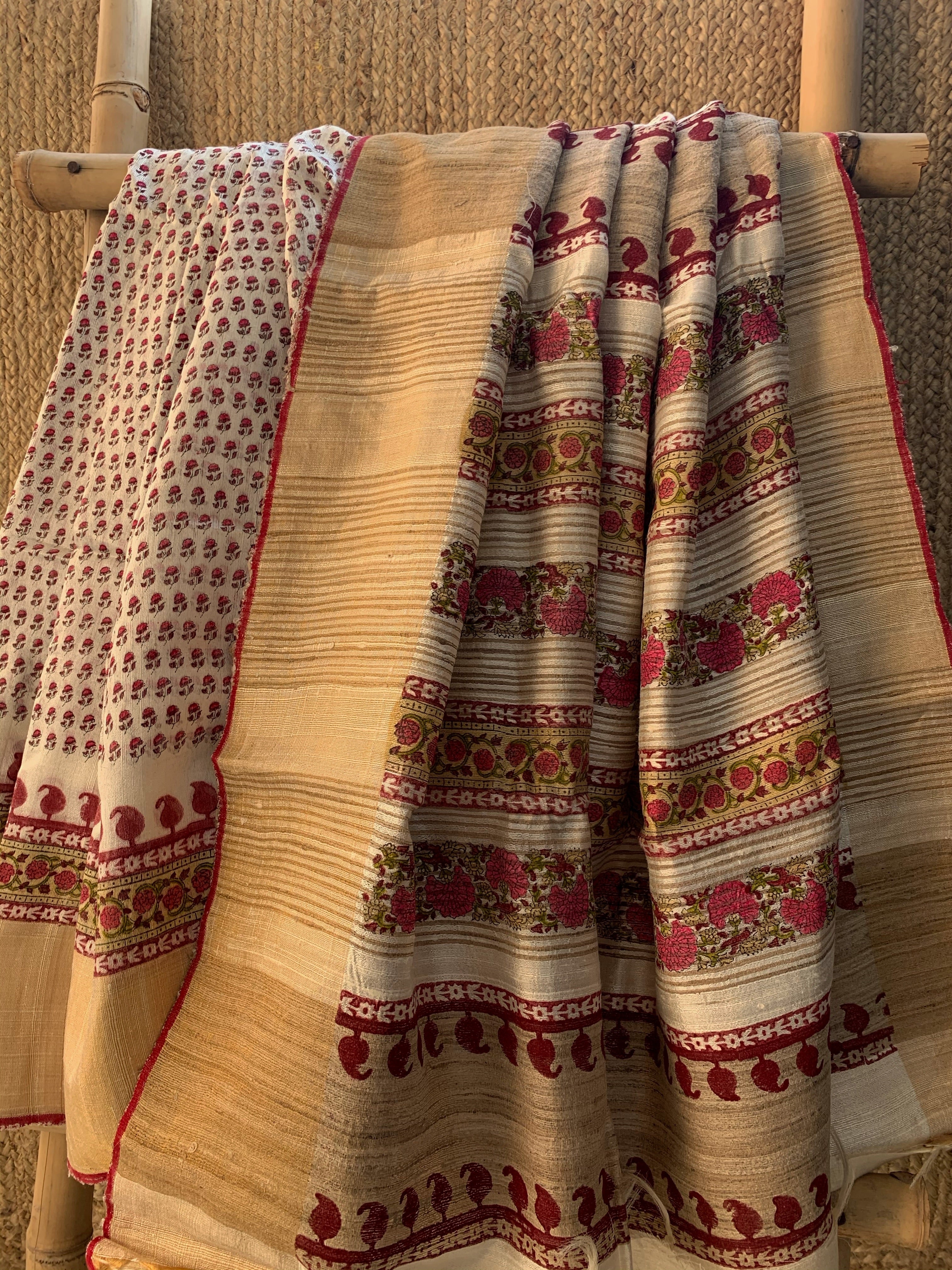 Handwoven & Handblock Printed Tussar Dupion Saree