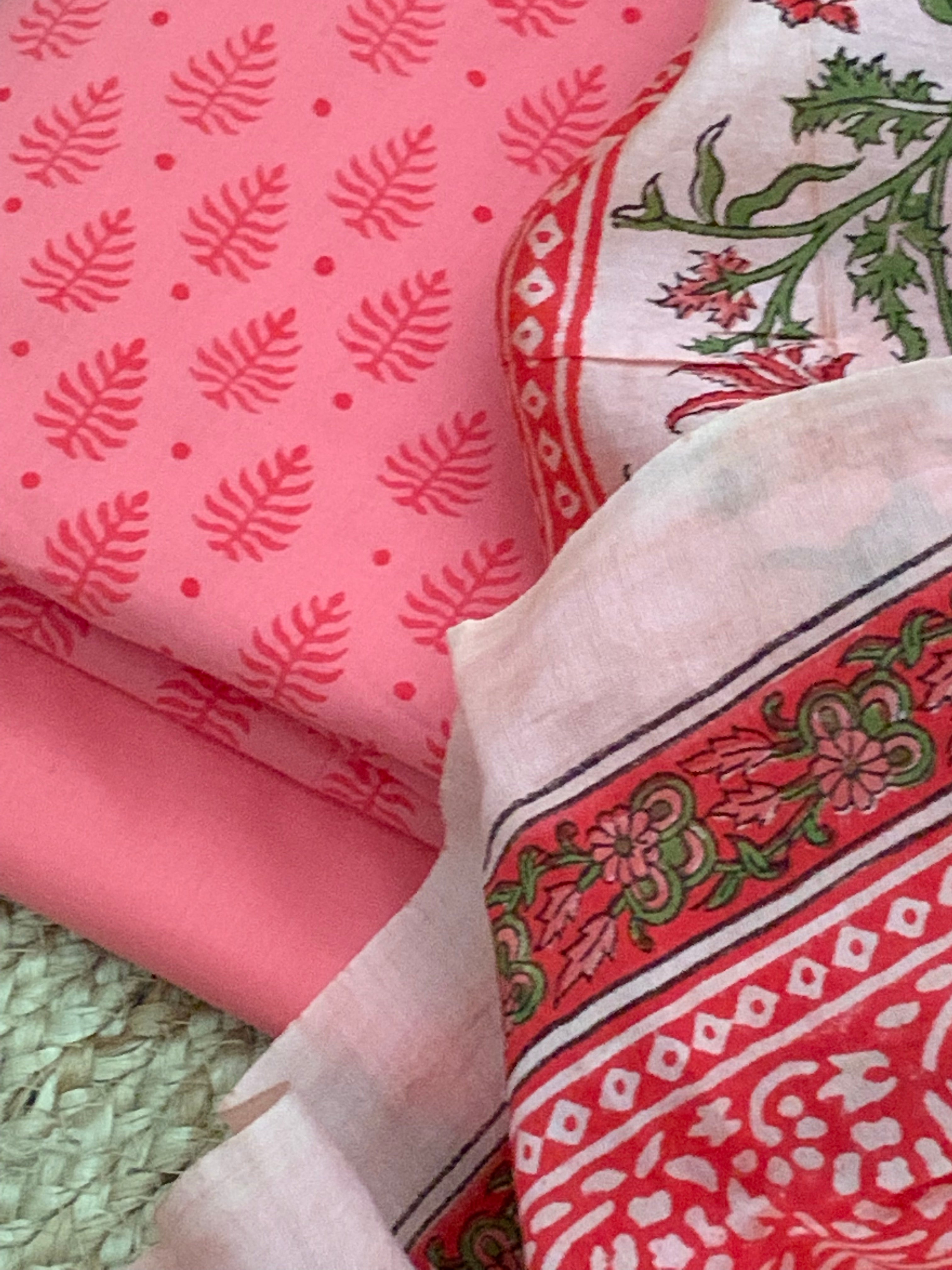 Coral Pink Handcrafted Cotton Chanderi Kurta Dupatta Set