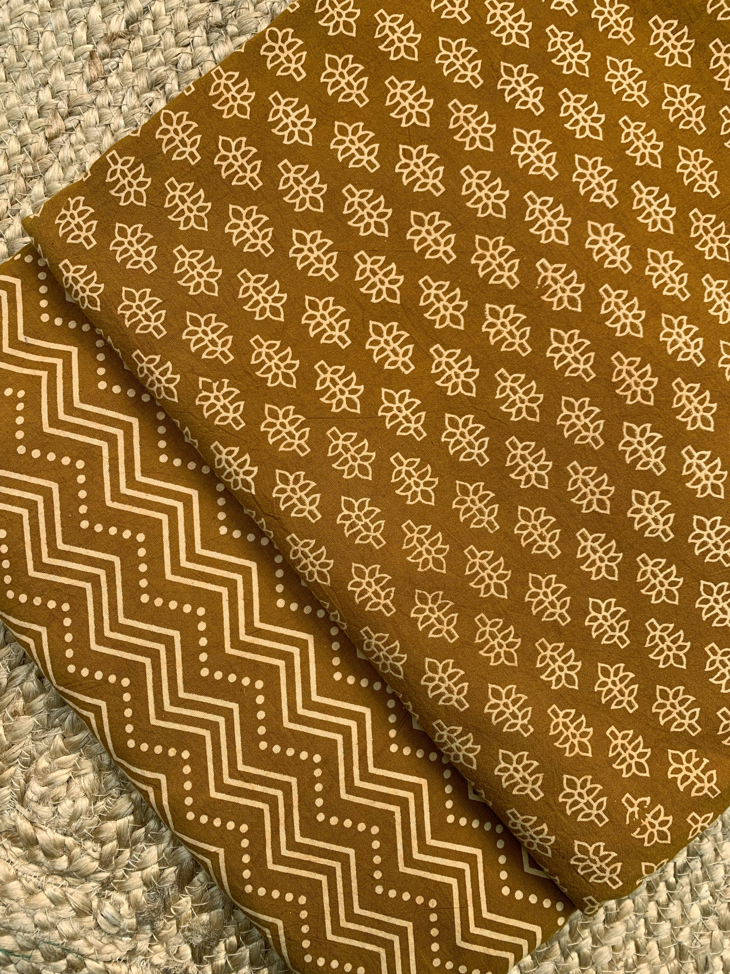 Hand Screen Print Kurta Bottom Set - Earthy Mustard