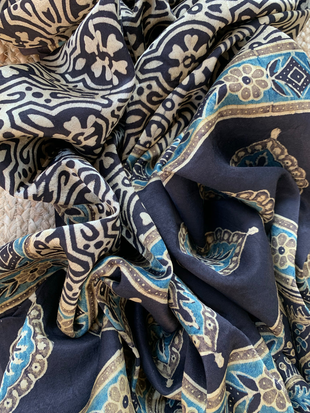 Hand Block Natural Dyes Ajrakh Mashru Silk Kurta Dupatta Set