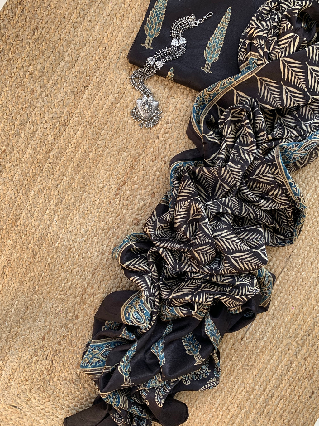Hand Block Natural Dyes Ajrakh Mashru Silk Kurta Dupatta Set