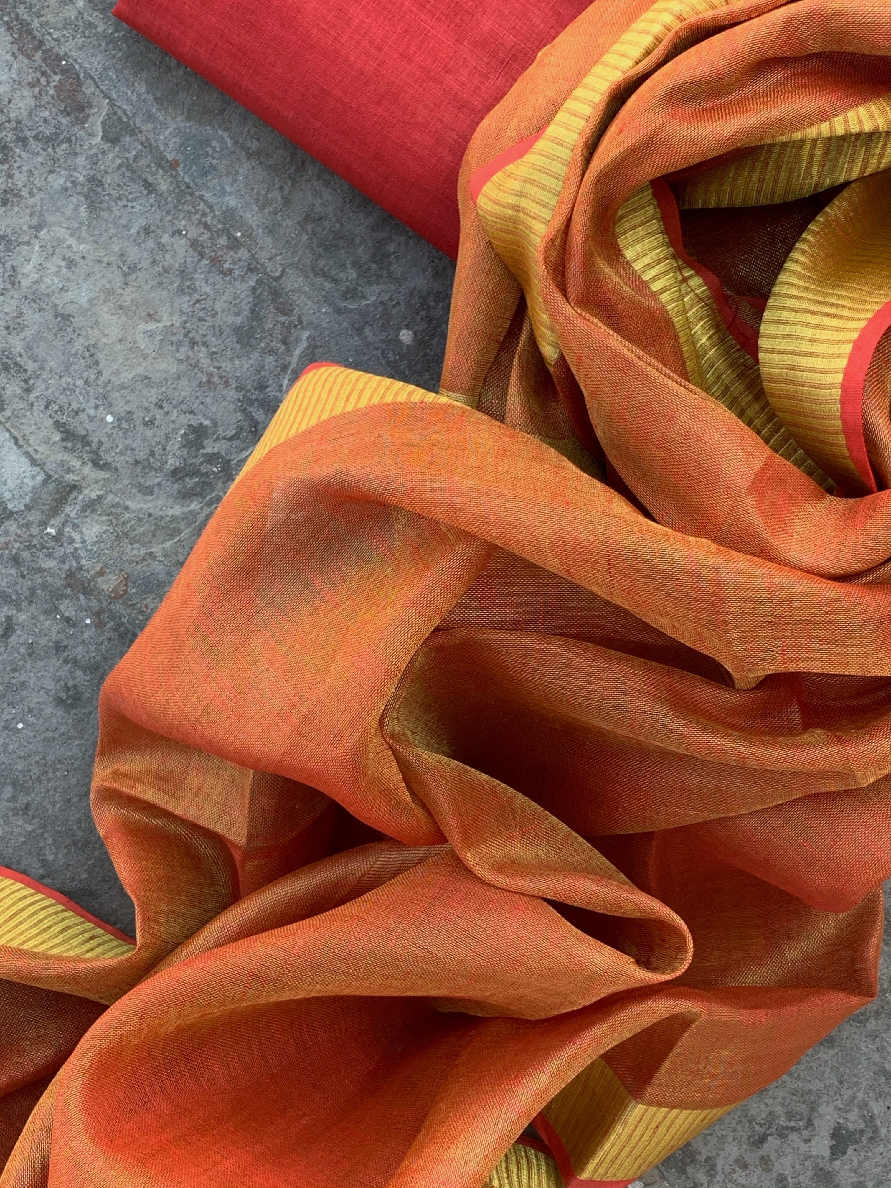 Handcrafted Linen Kurta Dupatta Set - Tomato Red