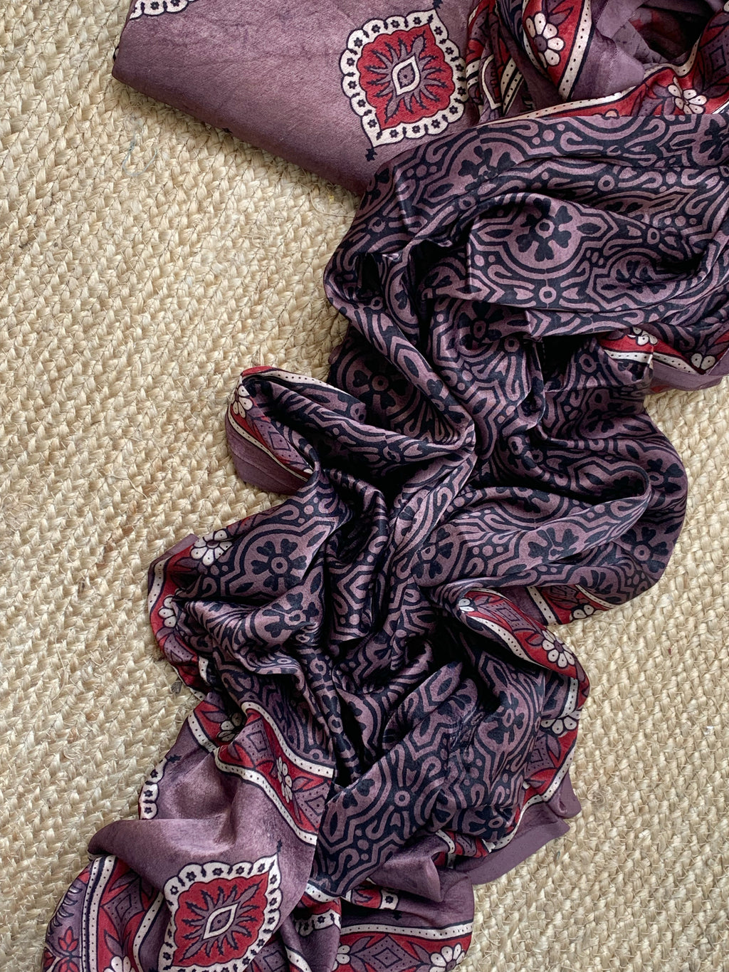 Hand Block Natural Dyes Ajrakh Mashru Silk Kurta Dupatta Set
