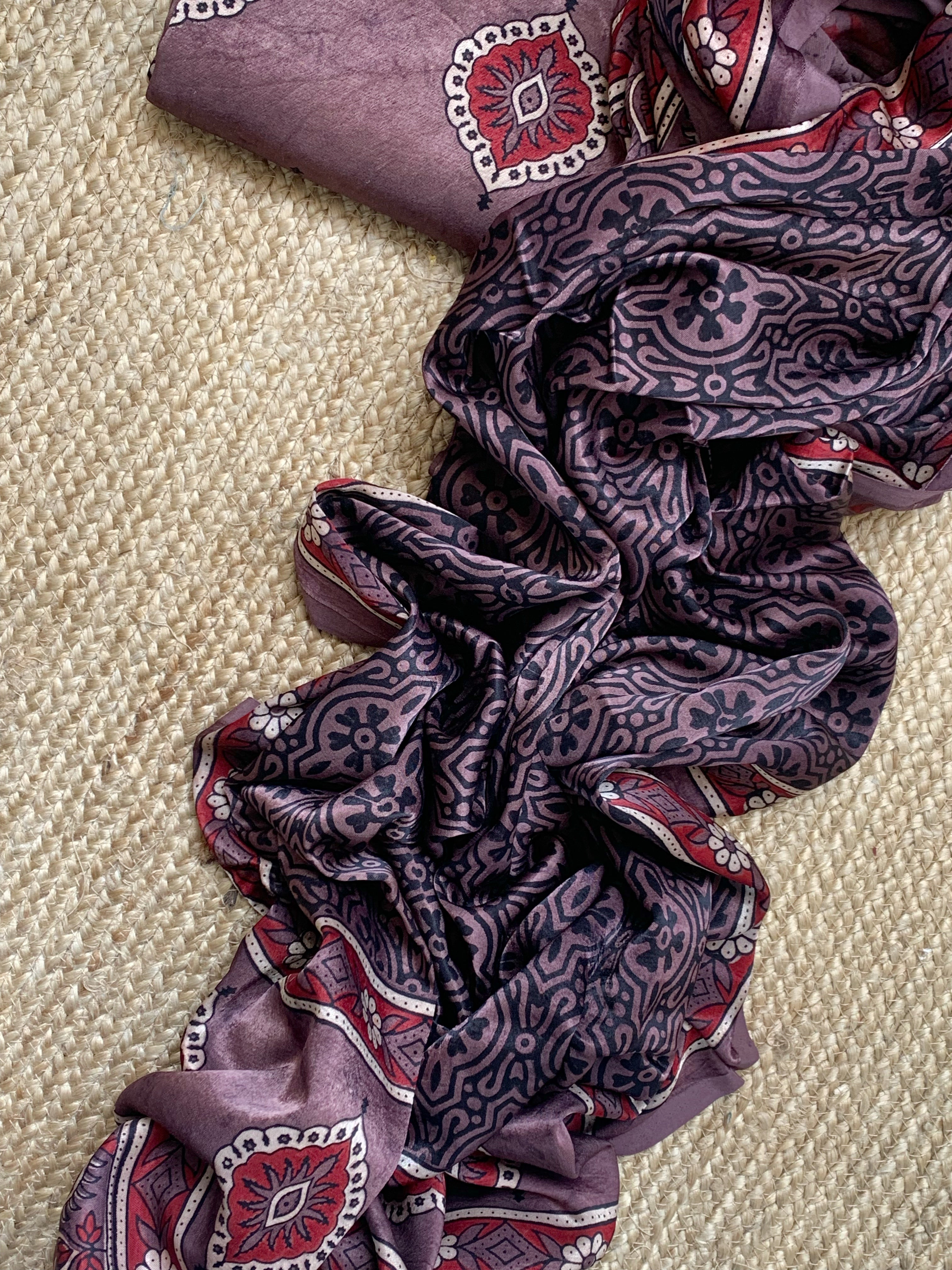 Hand Block Natural Dyes Ajrakh Mashru Silk Kurta Dupatta Set