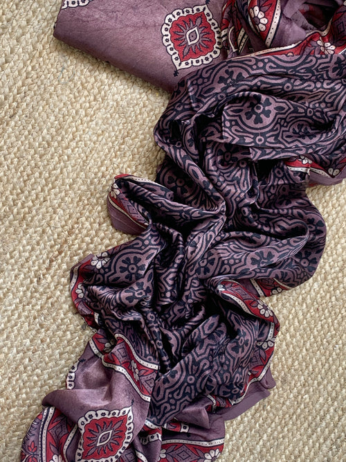 Hand Block Natural Dyes Ajrakh Mashru Silk Kurta Dupatta Set