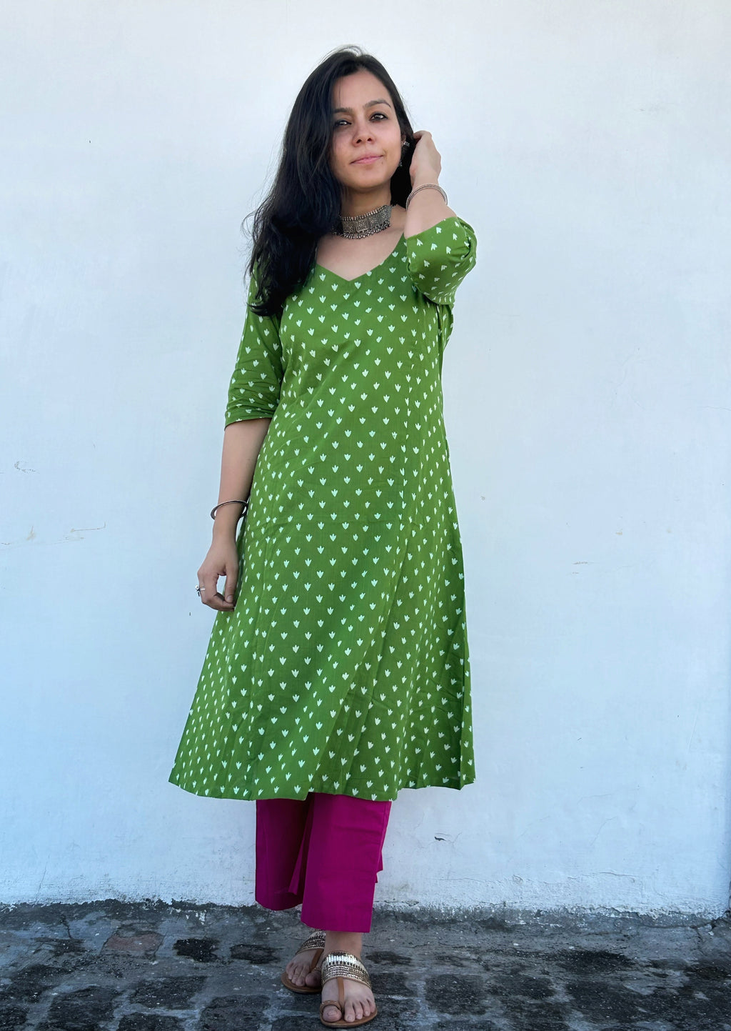 Budding Green - Handblock Comfort Fit Cotton Long Kurta