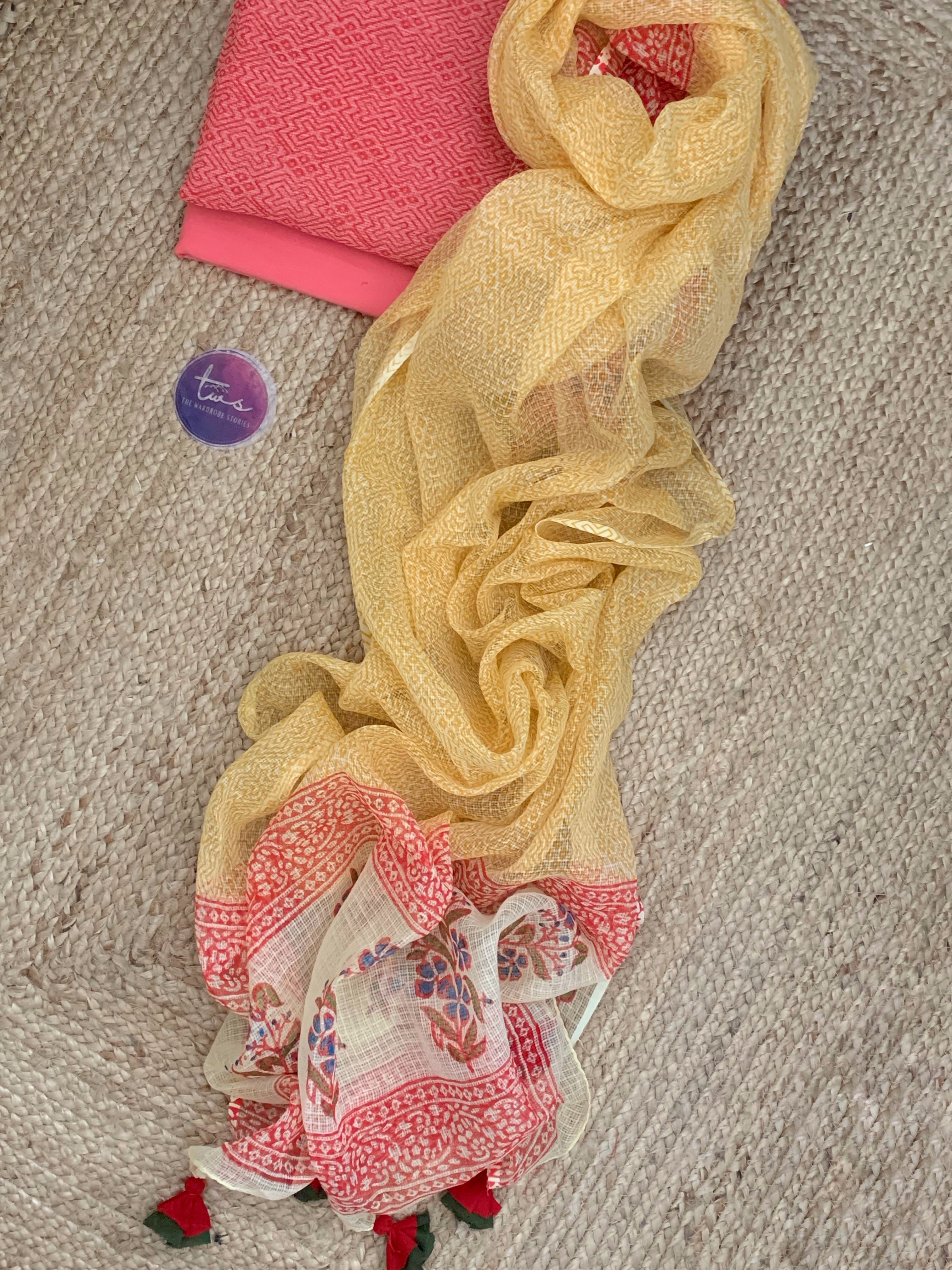 Coral Pink & Yellow Handcrafted Kota Suit