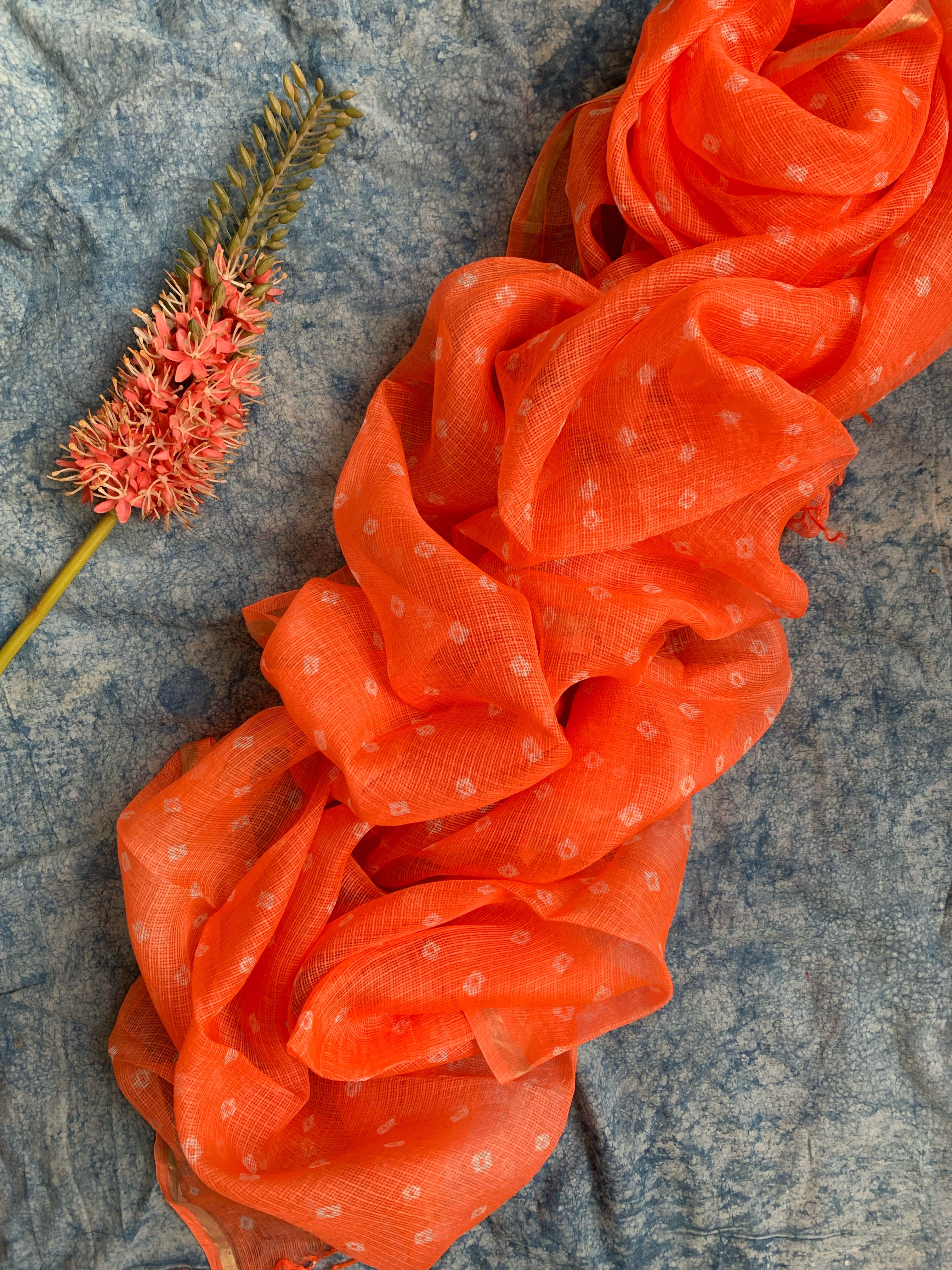 Handcrafted Tie-Dye Silk Kota Doria Dupatta - Orange