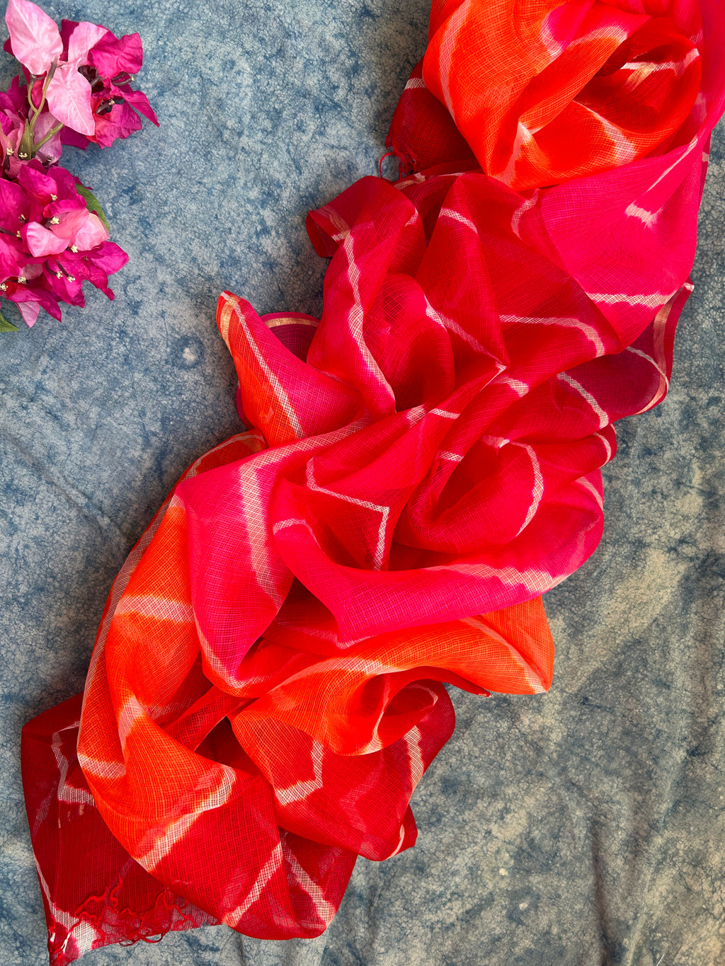 Handcrafted Tie-Dye Silk Kota Doria Dupatta -Orange, Red & PInk