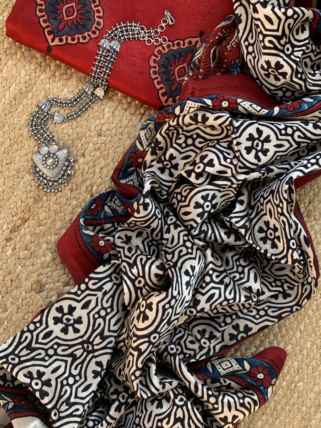 Hand Block Natural Dyes Ajrakh Mashru Silk Kurta Dupatta Set