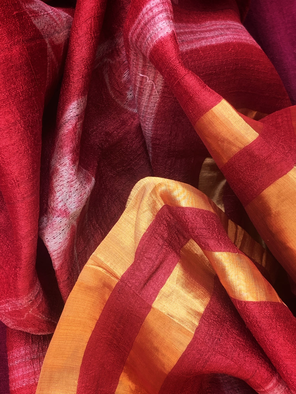 Handwoven & Handmade Tussar Shibori Kurta Dupatta Set - Tomato Red