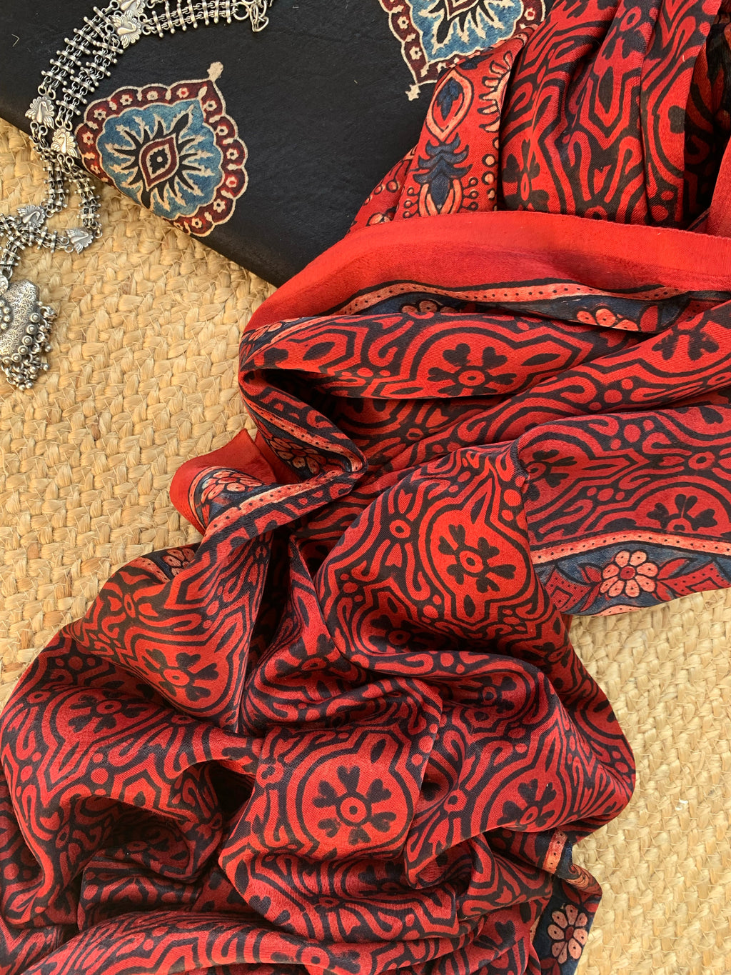 Hand Block Natural Dyes Ajrakh Mashru Silk Kurta Dupatta Set