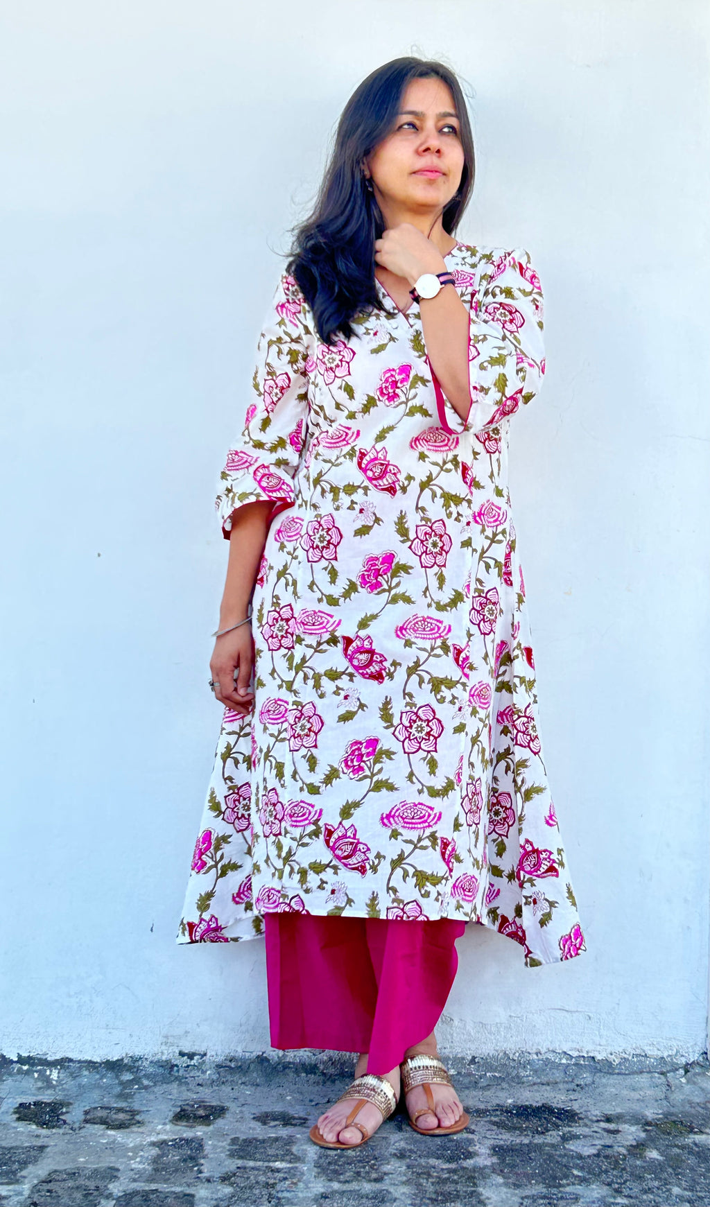 Spring Struck - Handblock Comfort Fit Cotton Long Kurta Bottom Set