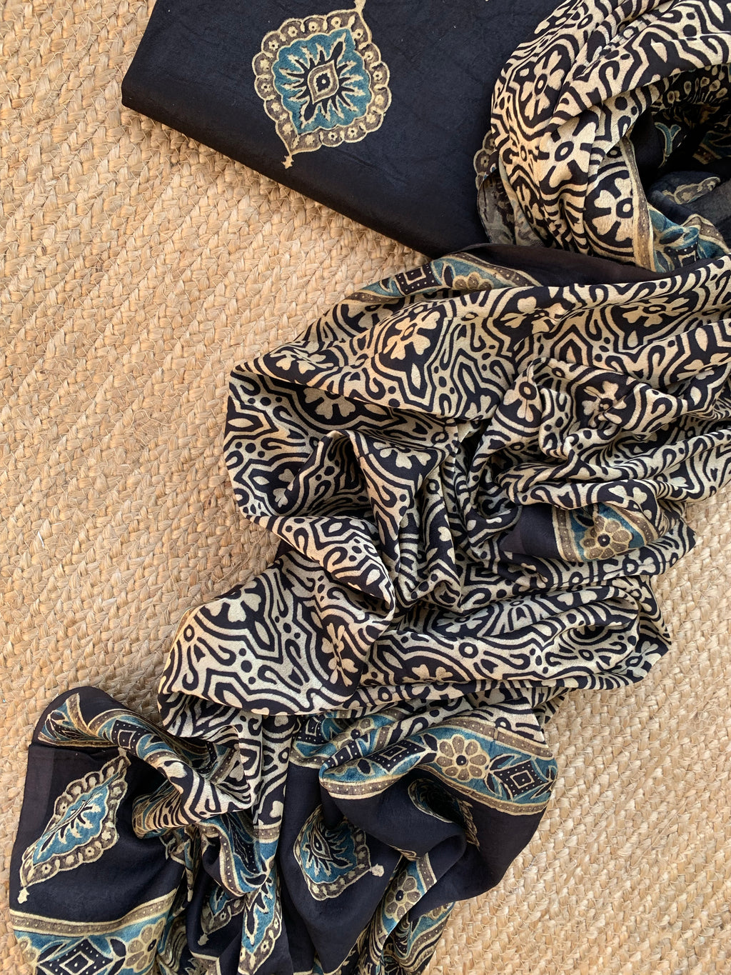 Hand Block Natural Dyes Ajrakh Mashru Silk Kurta Dupatta Set
