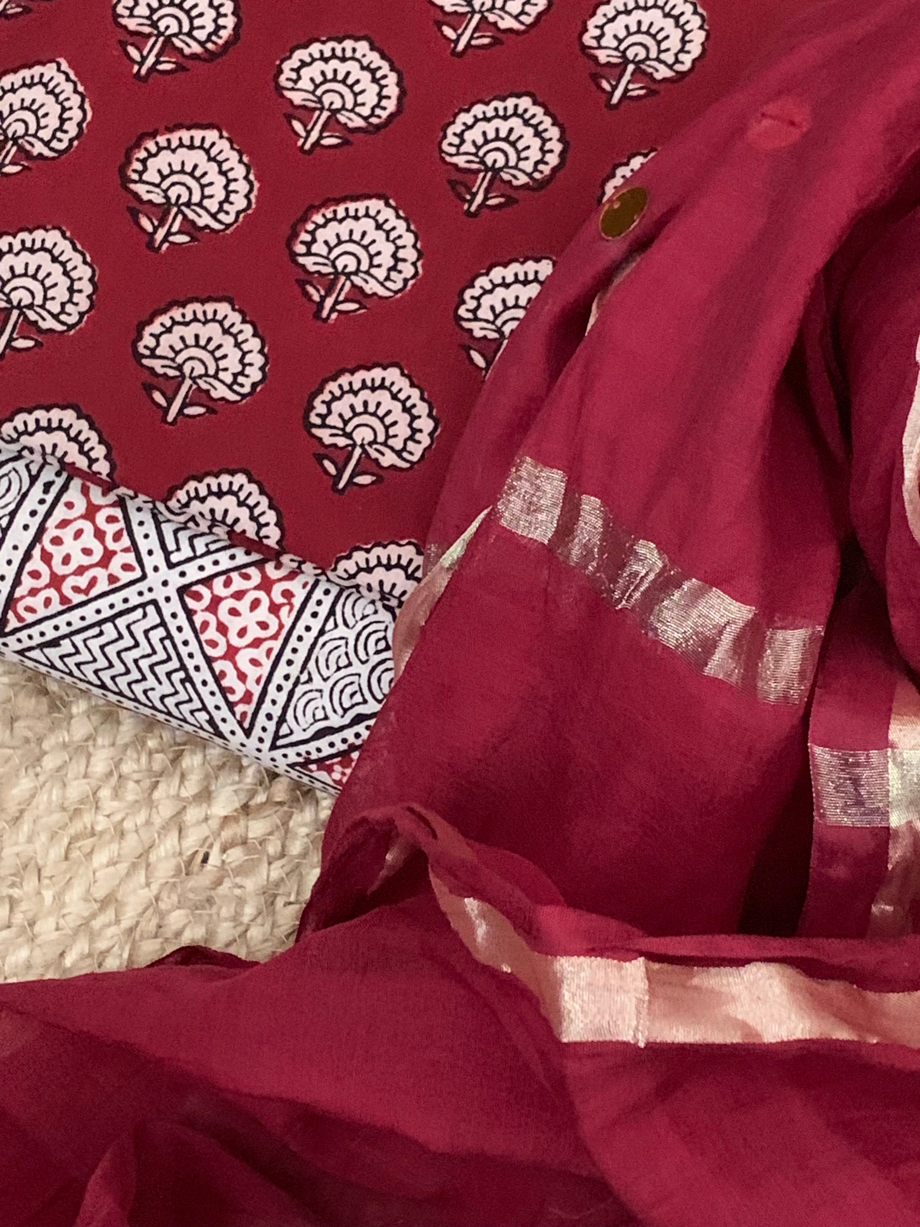 Natural Dyed Bagh Block Print Cotton Chanderi Dupatta Set