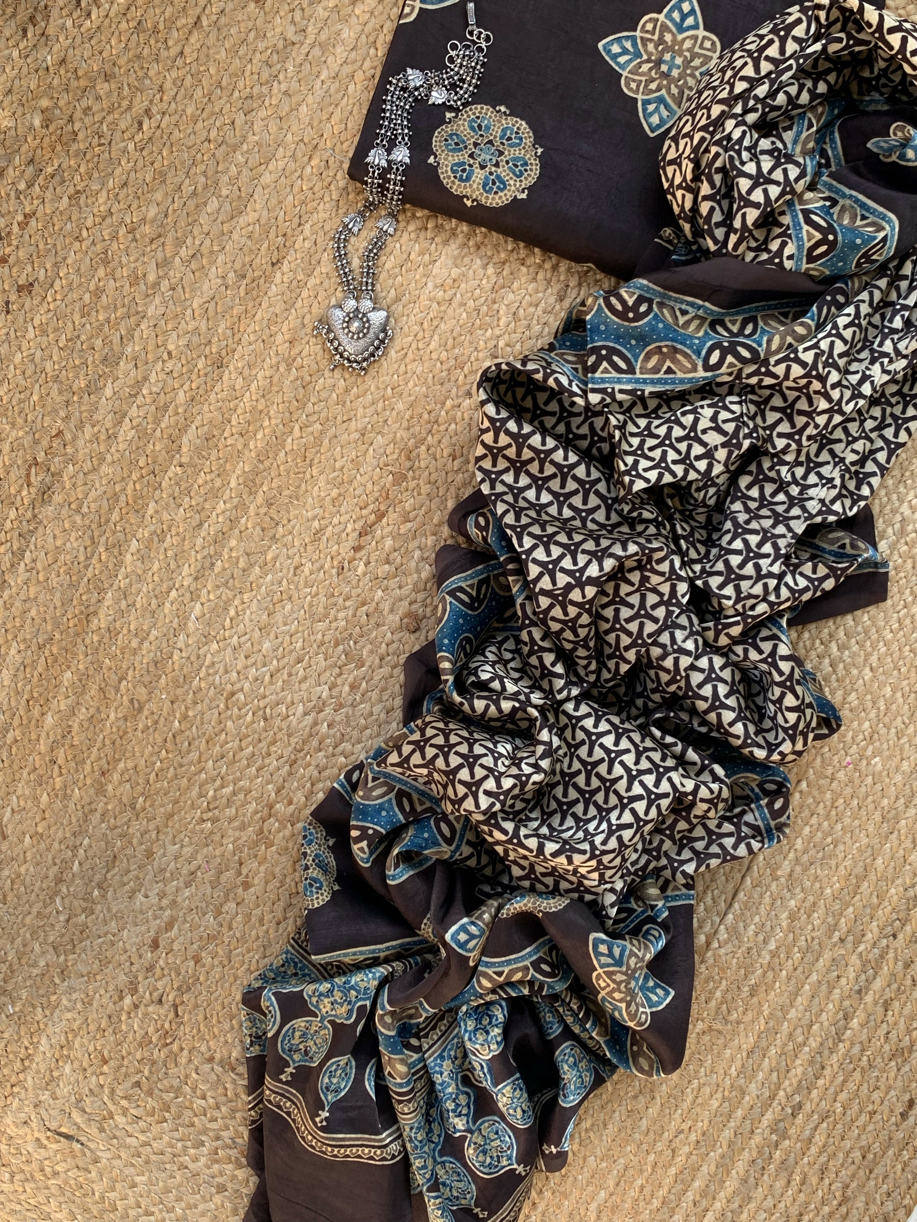 Hand Block Natural Dyes Ajrakh Mashru Silk Kurta Dupatta Set