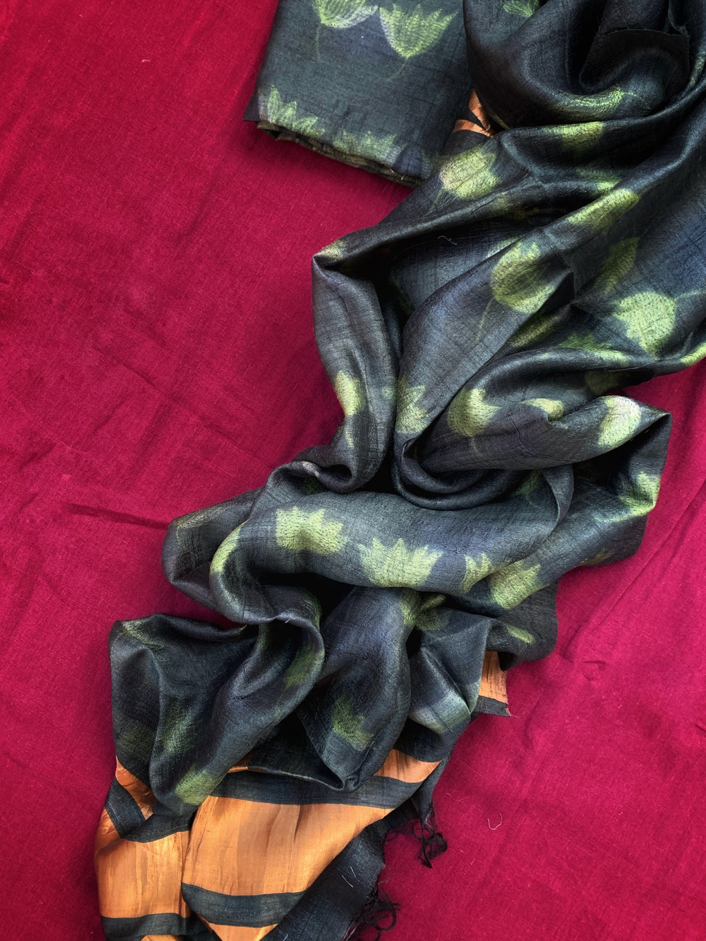 Handwoven & Handmade Tussar Shibori Kurta Dupatta Set -Teal Green