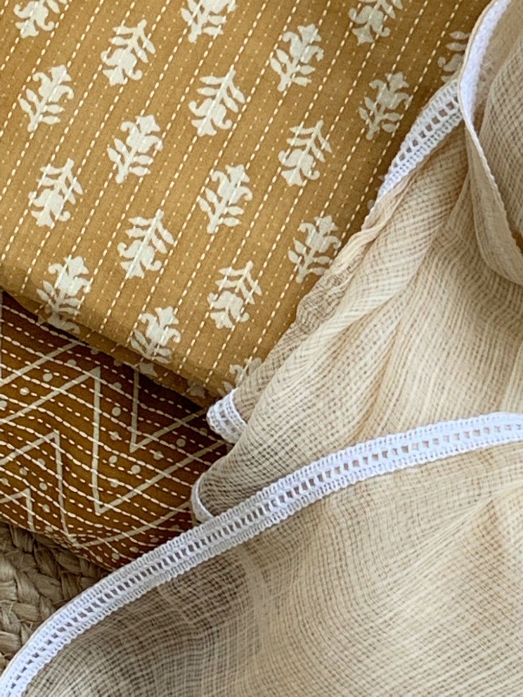 Light & Dark Mustard Machine Kantha Suit