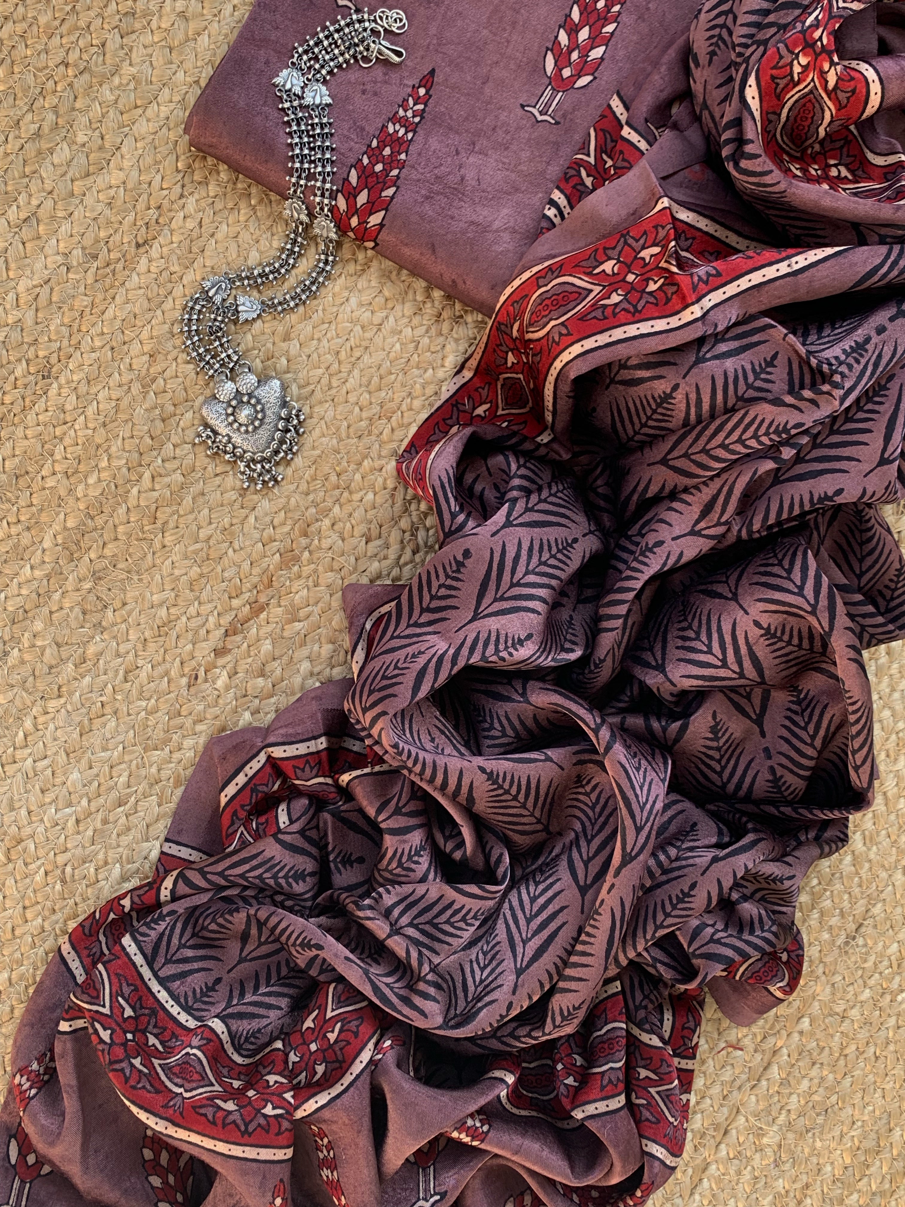 Hand Block Natural Dyes Ajrakh Mashru Silk Kurta Dupatta Set