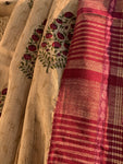 Handwoven & Handblock Printed Tussar Ghicha Saree