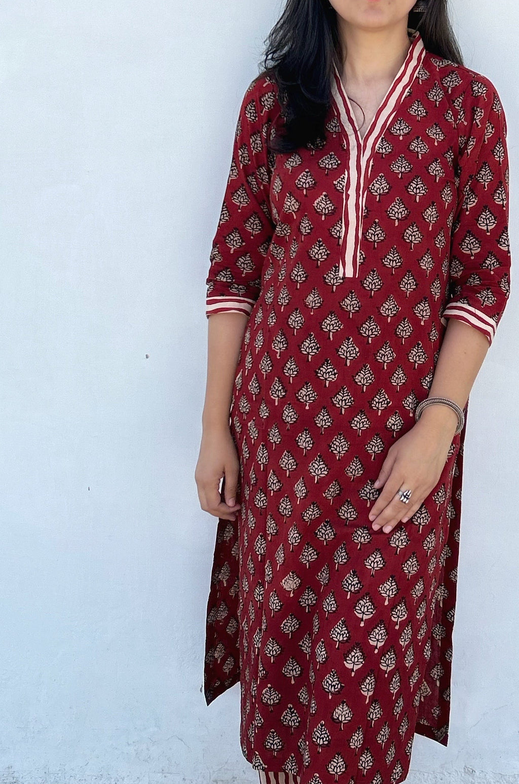 The Stripe Story- Handblock Straight Fit Cotton Long Kurta Bottom Set