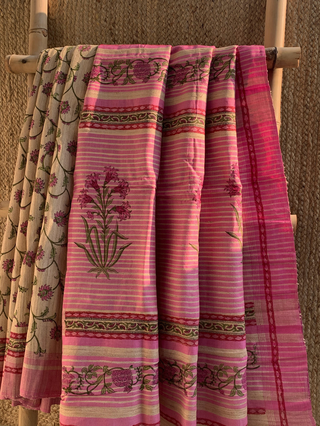 Handwoven & Handblock Printed Tussar Ghicha Saree